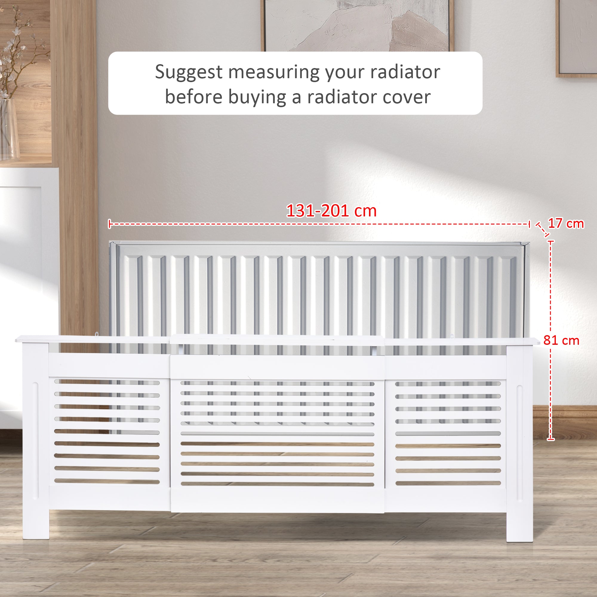 HOMCOM MDF Extendable Radiator Cover Cabinet Shelving Home Office Slatted Design White 139-208.5L x 20.5W x 82.5H cm - North Peak Garden Furniture