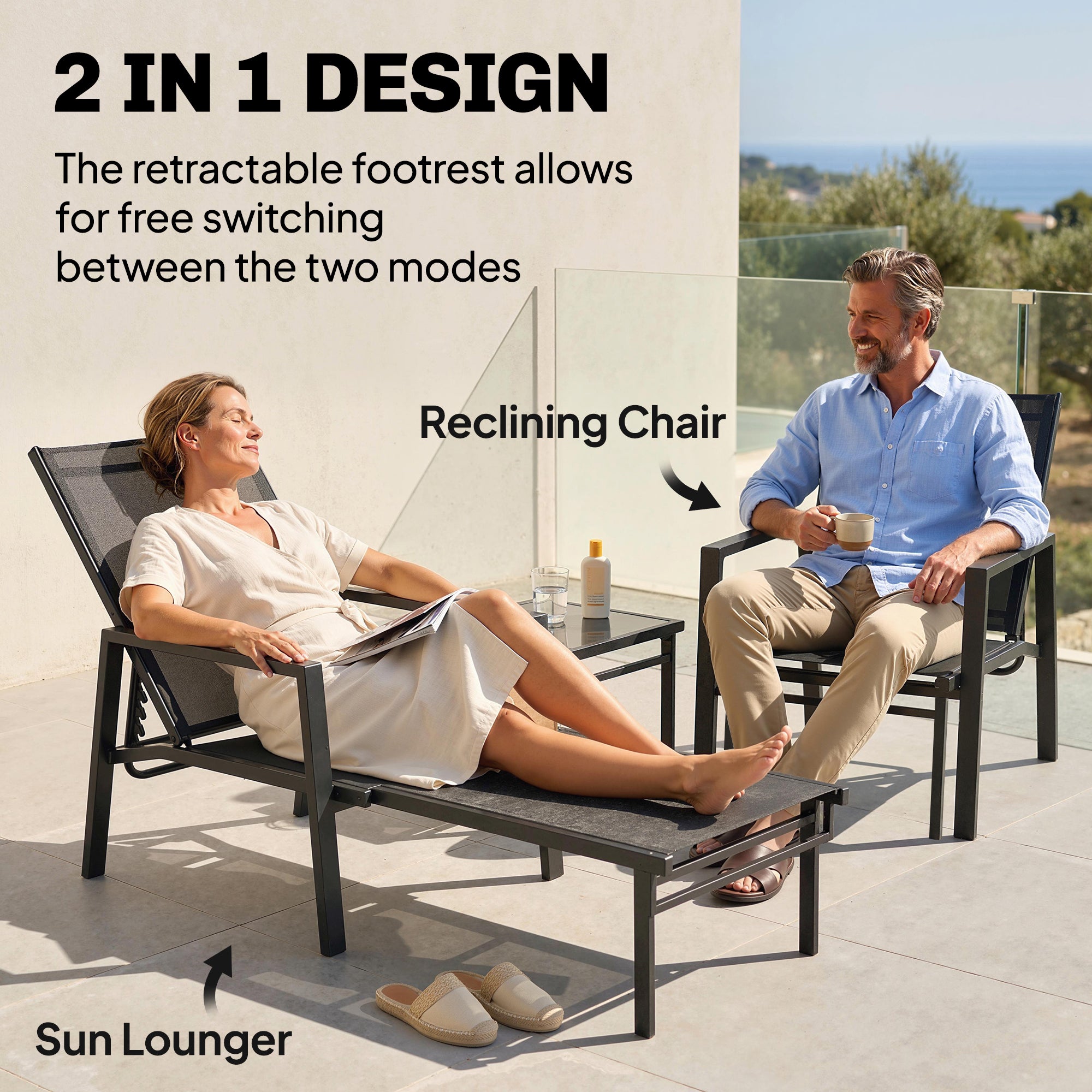 Outsunny Sun Lounger Retracable Footrest 5-Position Adjustable Steel Frame for Beach, Porch, Patio, Camping, Dark Grey