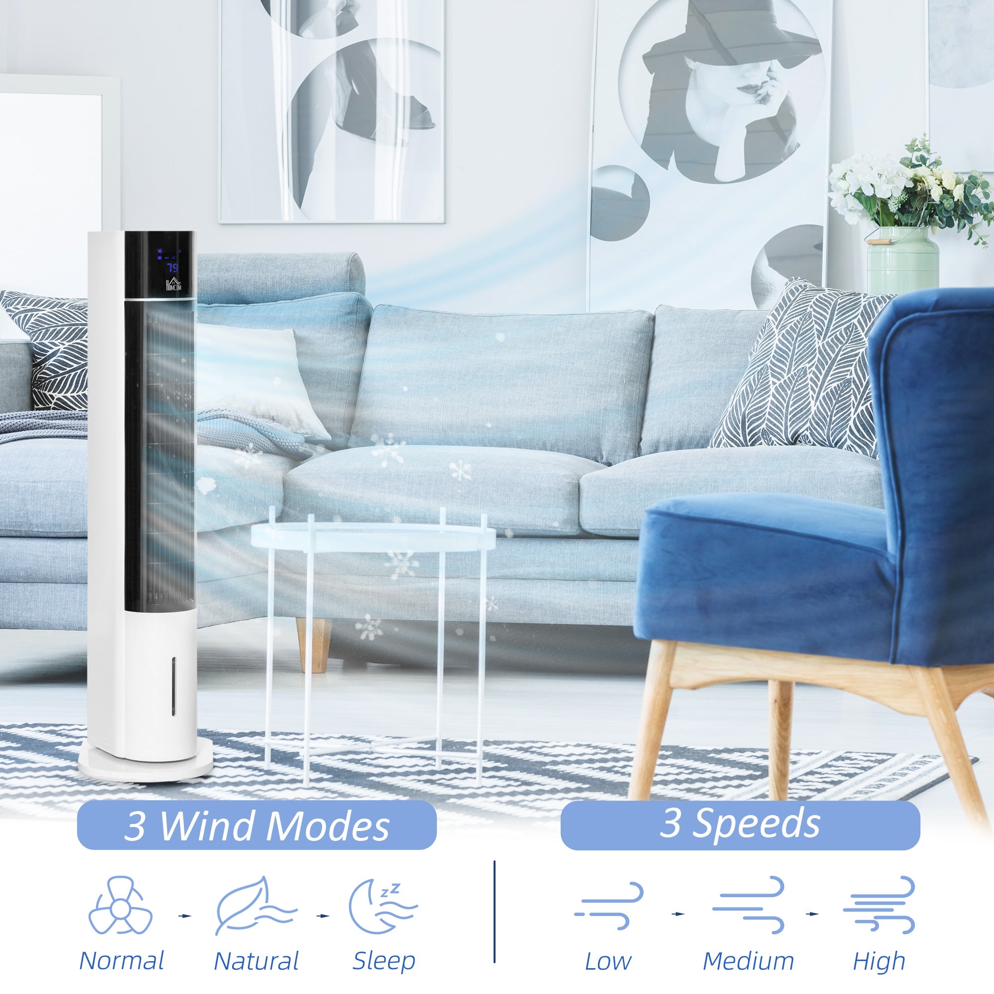 HOMCOM Portable Air Cooler, 3L Tank Evaporative Ice Cooling Tower Fan with 3 Modes, 3 Speeds, Remote, Timer, 60° Oscillating, Portable Swamp Cooler for Home Bedroom, White - North Peak Garden Furniture