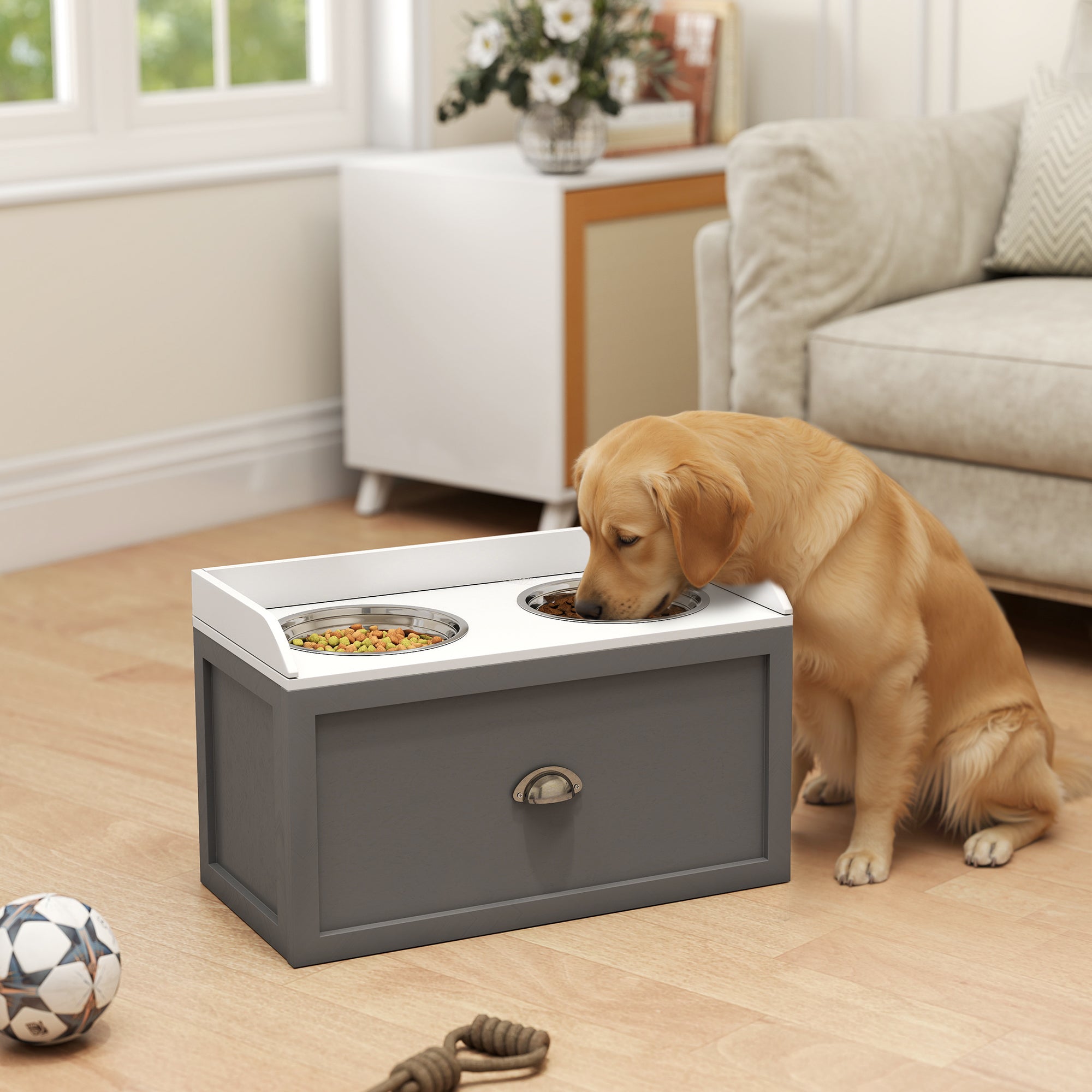 PawHut Stainless Steel Raised Dog Bowls, with 21L Storage Drawer for Large Dogs - Grey