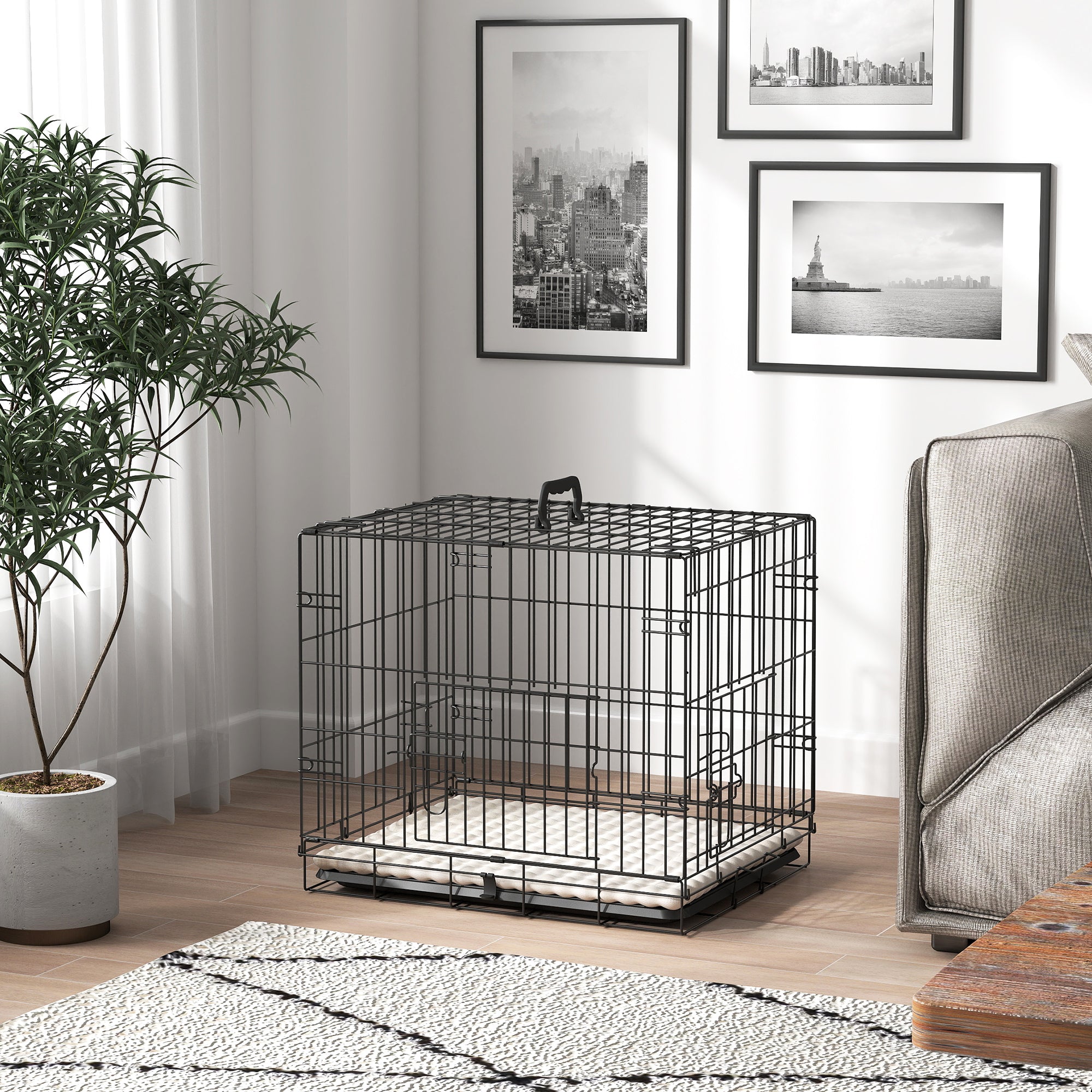 PawHut Dog Crate with 2 Doors with Tray, Soft Cushion, Foldable Metal Dog Cage for Extra Small Dogs, 60 x 40 x 50, Black - North Peak Garden Furniture