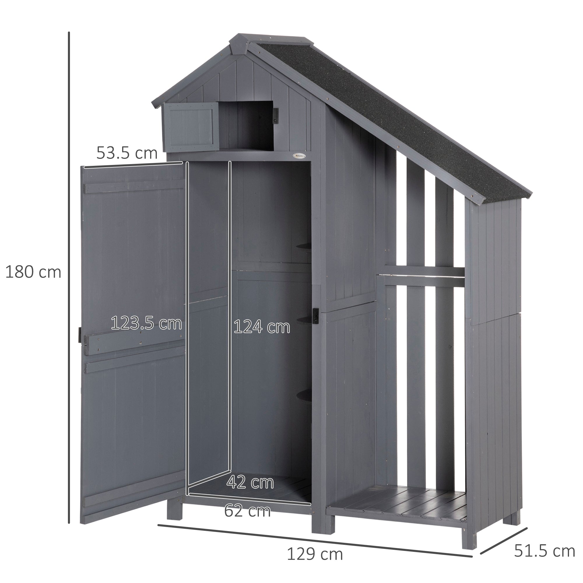 Outsunny Garden Outdoor Storage Shed Outdoor Tool Shed with 3 Shelves and Tilt Roof, 129x51.5x180cm, Grey - North Peak Garden Furniture