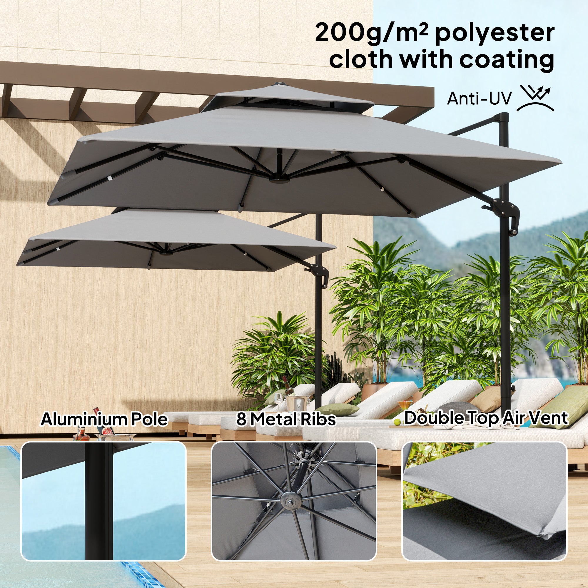 Outsunny 3 x 3(m) Cantilever Parasol with Aluminium Frame, Crank and Tilt, 360° Rotation, Double Top Garden Umbrella with Base and Cover, Light Grey - North Peak Garden Furniture