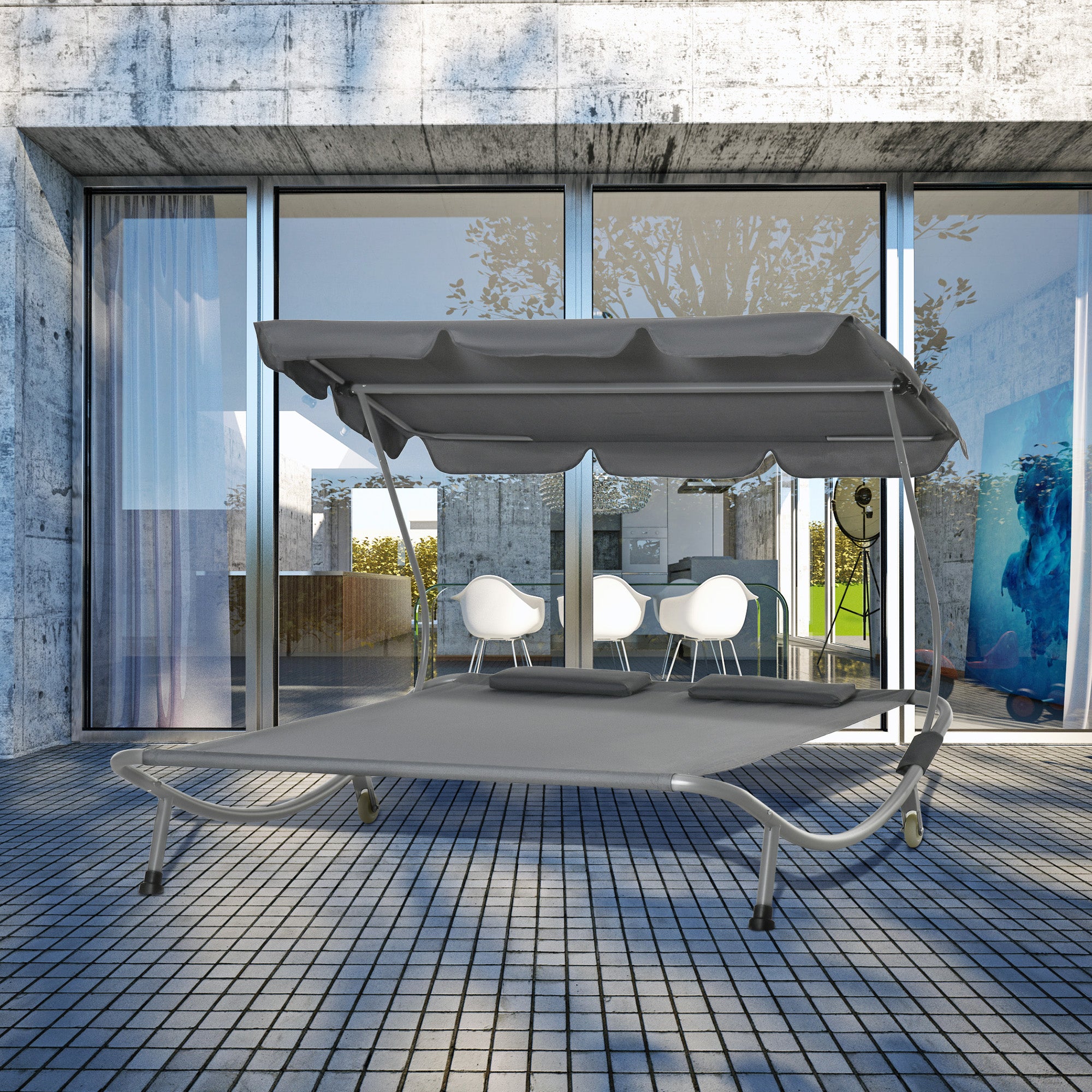 Outsunny Patio Double Hammock Sun Lounger Bed w/ Canopy Shelter, Wheels & 2 Pillows, Grey - North Peak Garden Furniture