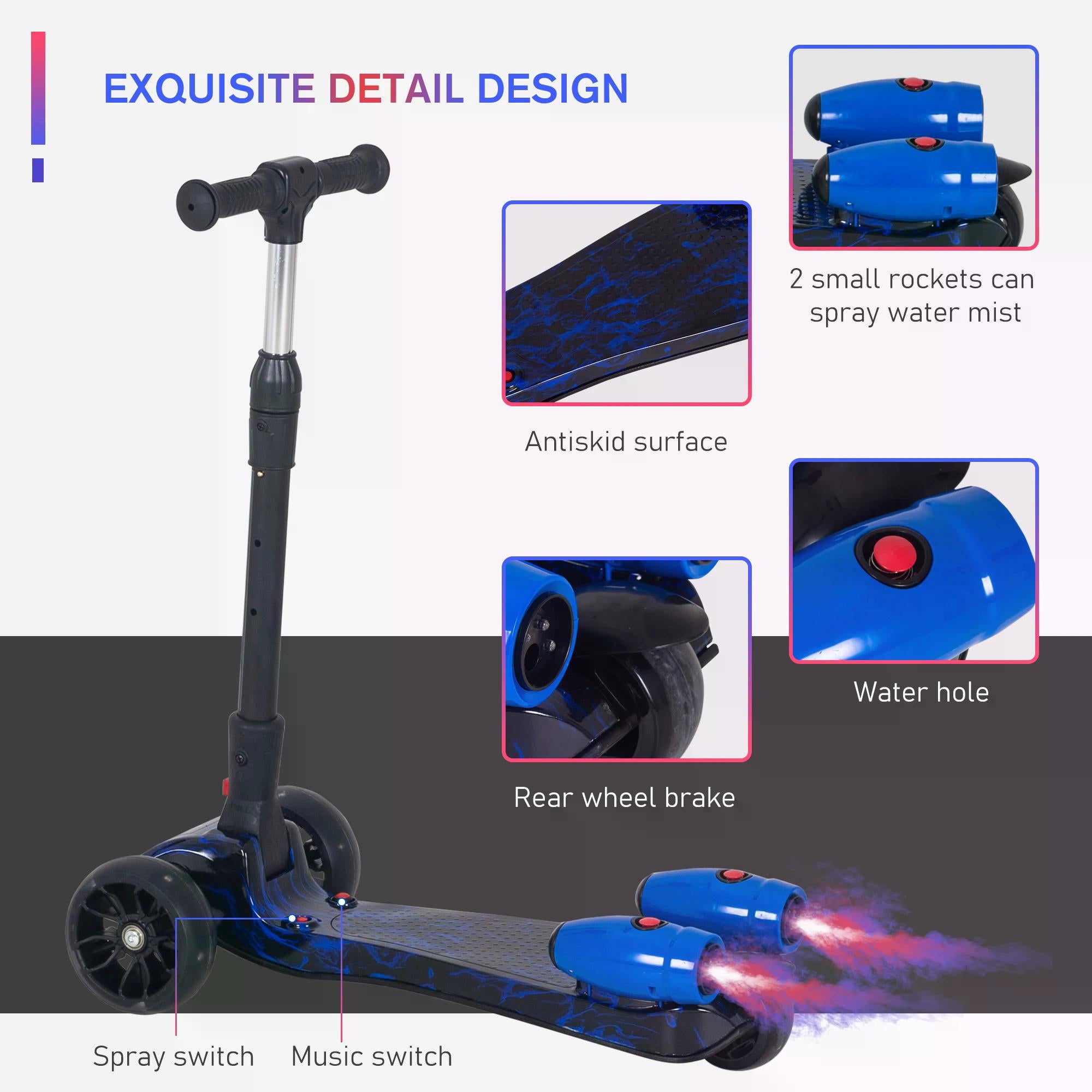 HOMCOM Scooter for Kids Toddler 3 Wheel Adjustable Height w/ Flashing Wheels Music Water Spray Foldable Kick Scooter for Boys and Girls 3 - 6 Yrs Blue