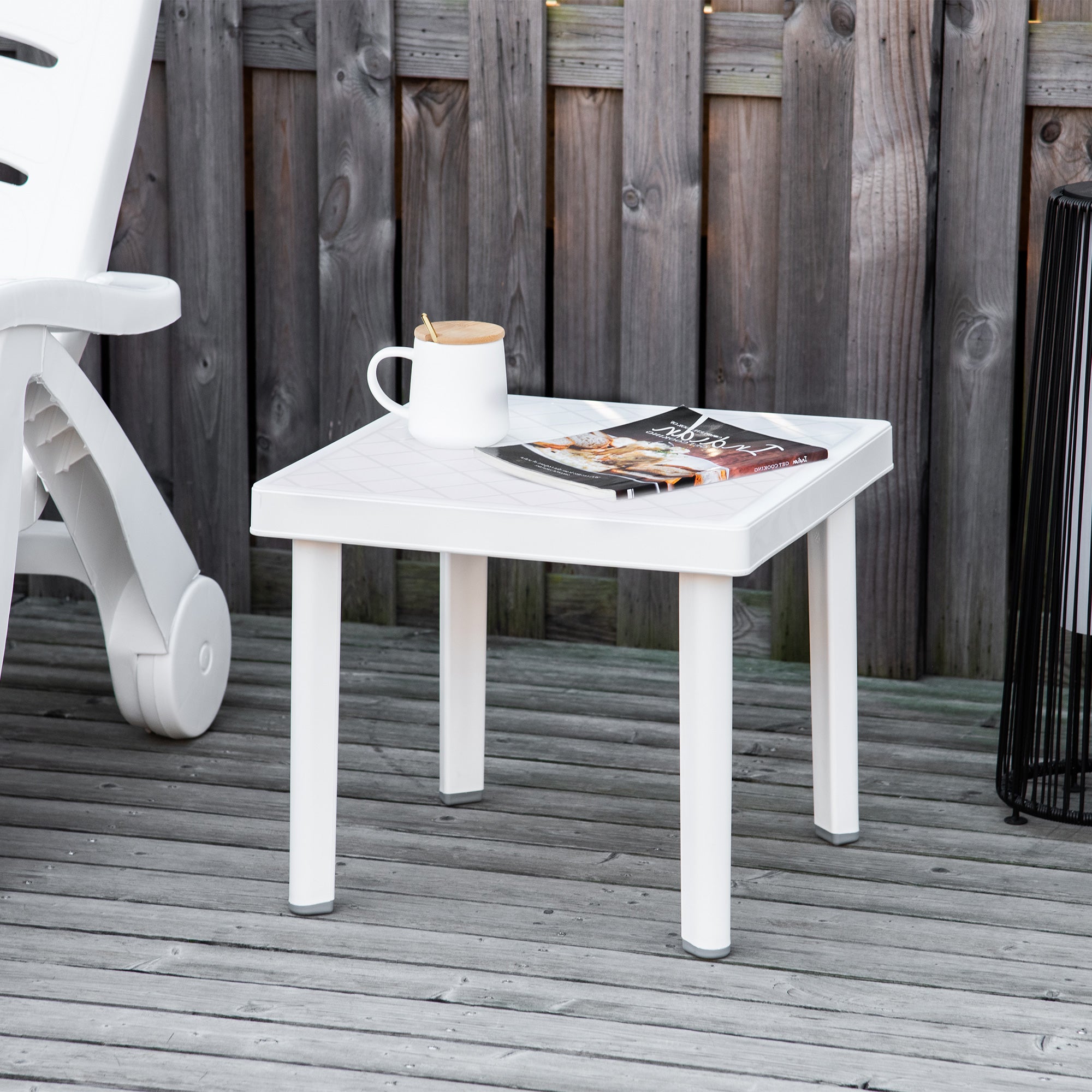 Outsunny Garden Side Table Plastic Outdoor Square Coffee End Table for Drink Snack, White - North Peak Garden Furniture