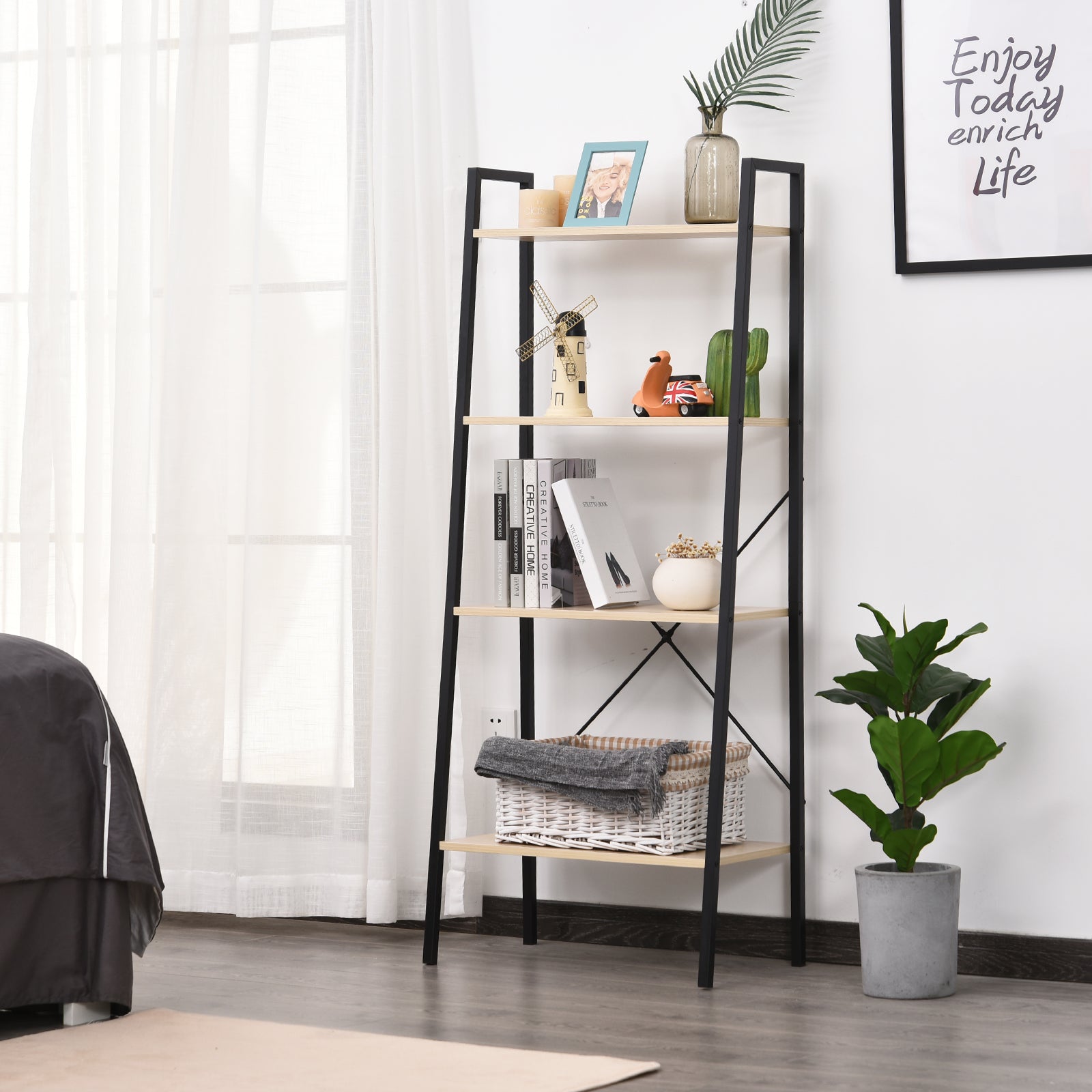 HOMCOM 4-Tier Vintage Ladder Shelf Bookcase Wood Storage Rack Stand Plants Display Black natural - North Peak Garden Furniture