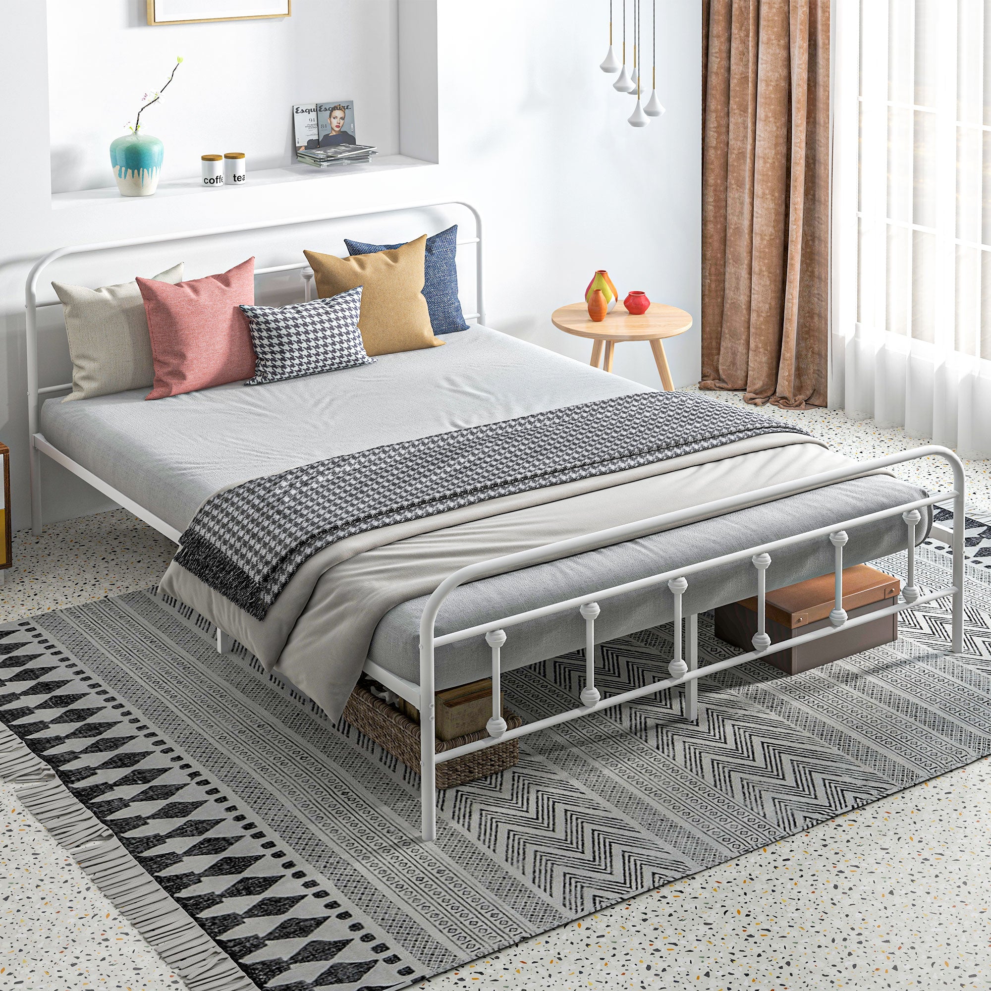 HOMCOM King Size Minimalistic Metal Bed Frame - White - North Peak Garden Furniture