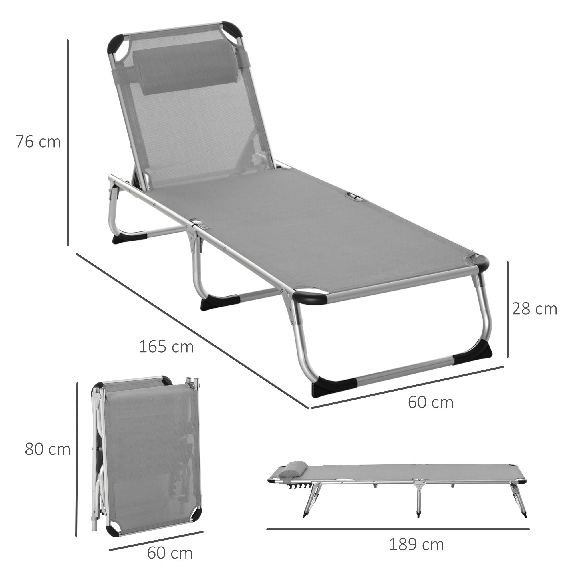 Outsunny Foldable Reclining Sun Lounger Lounge Chair Camping Bed Cot w/ Pillow 4-Level Adjustable Back Aluminium Frame Grey