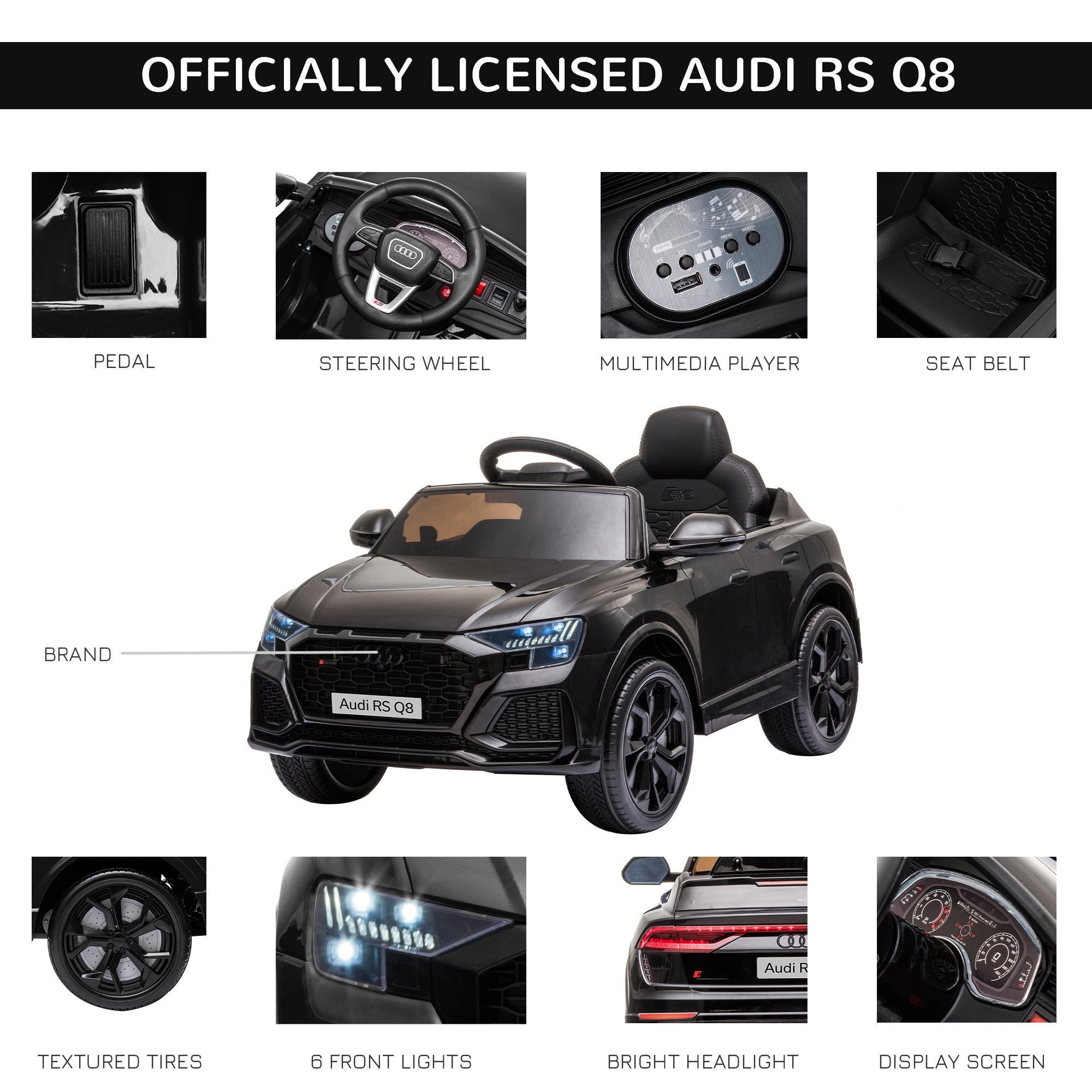 HOMCOM Audi RS Q8 Licensed 6V Kids Electric Ride On Car Toy Car with Remote Control Music Lights USB MP3 for 3-5 Years Old Black - North Peak Garden Furniture