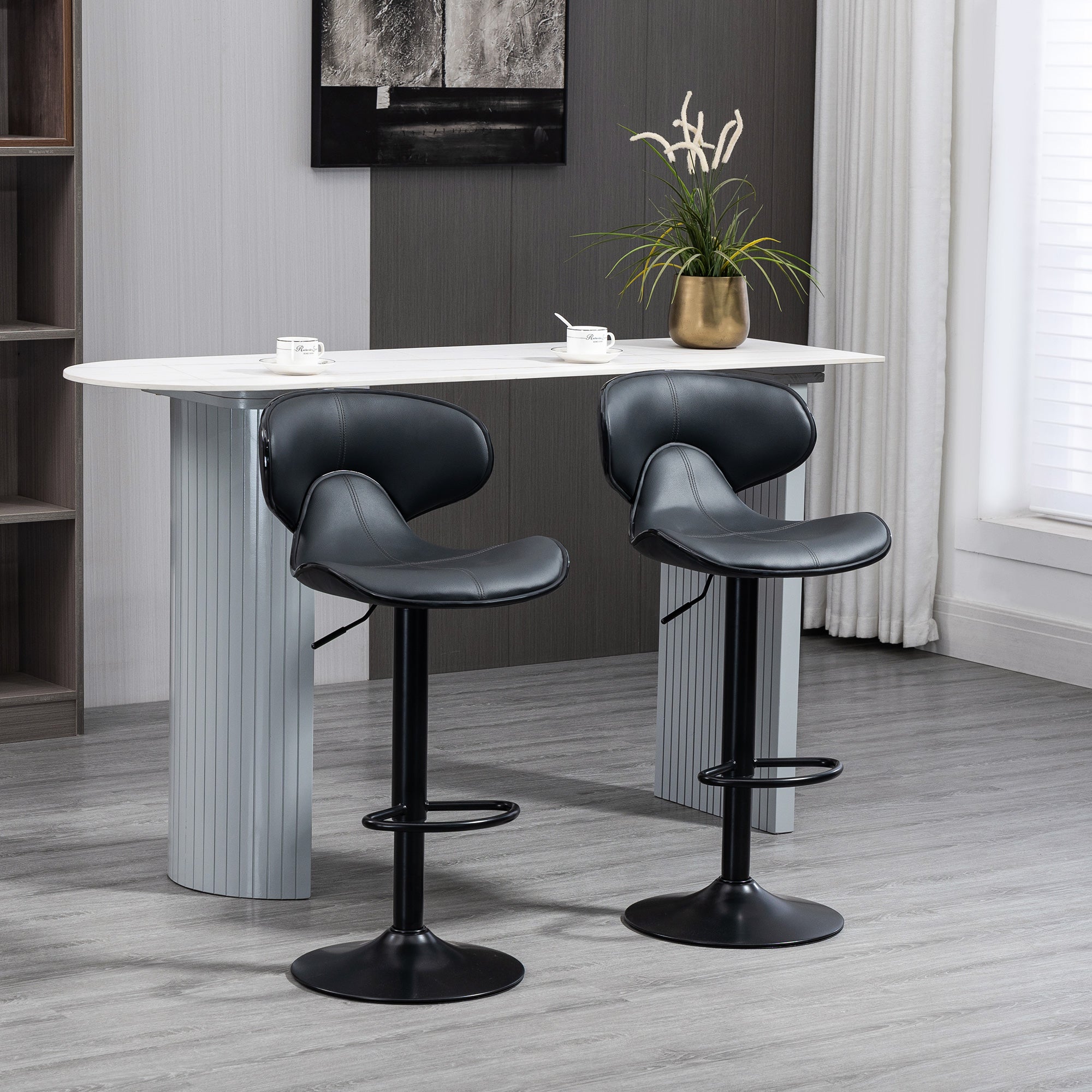 HOMCOM Adjustable Swivel Bar Stools Set of 2, Barstools with Footrest and Backrest, Steel Frame Gas Lift, for Kitchen Counter Dining Room, Grey - North Peak Garden Furniture