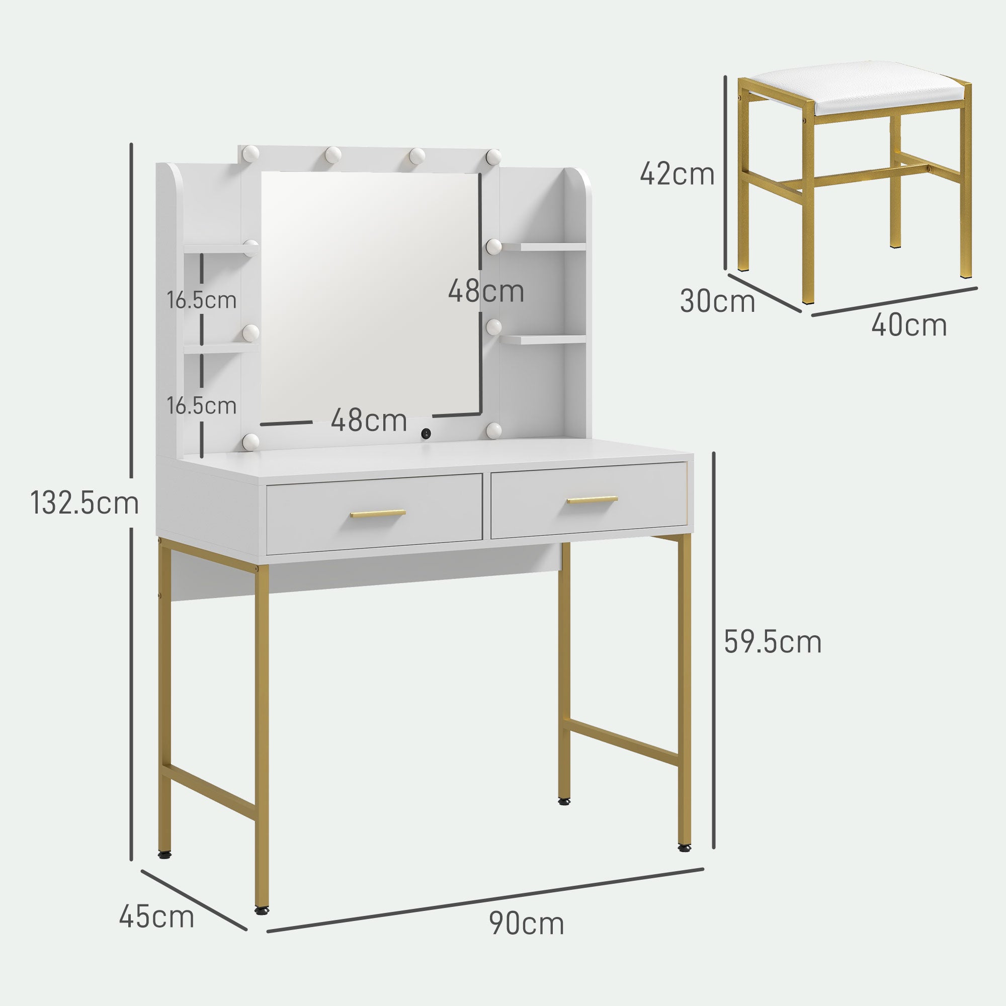 HOMCOM Dressing Table with Lighted Mirror, Cushioned Stool, Drawers, Shelves, LED Makeup Vanity Desk Set, Modern Dresser Vanity Table for Bedroom, White - North Peak Garden Furniture