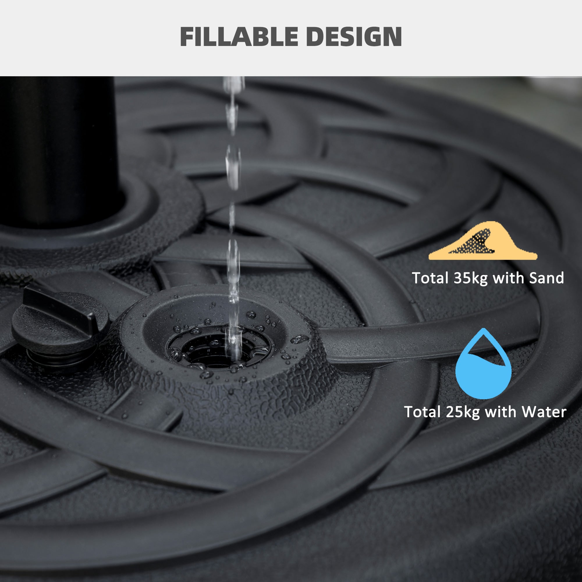 Outsunny Garden Parasol Base Holder, Outdoor Market Umbrella Stand Weight with Built-In Handle, 25kg Water or 35kg Sand Filled, Black - North Peak Garden Furniture