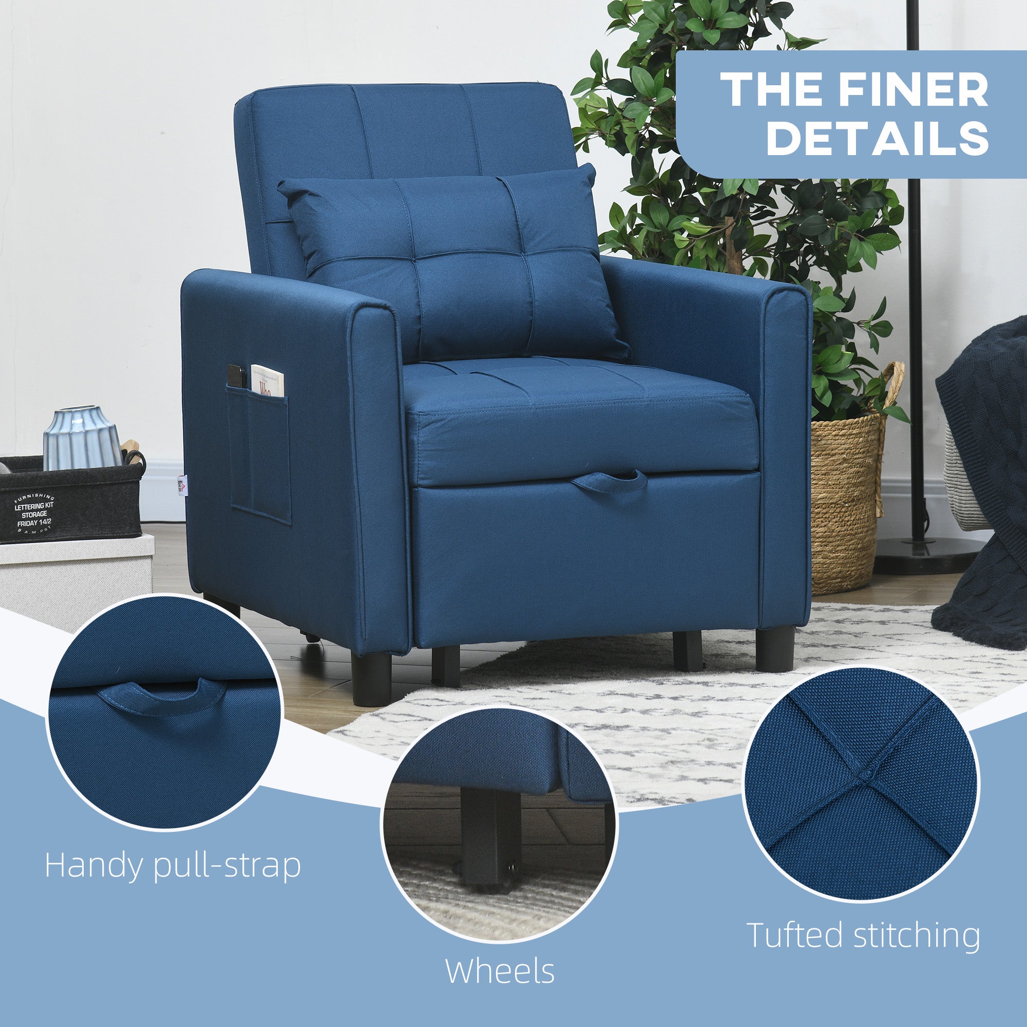 HOMCOM 3-In-1 Convertible Chair Bed, Pull Out Sleeper Chair with Adjustable Backrest, Side Pockets, Blue - North Peak Garden Furniture