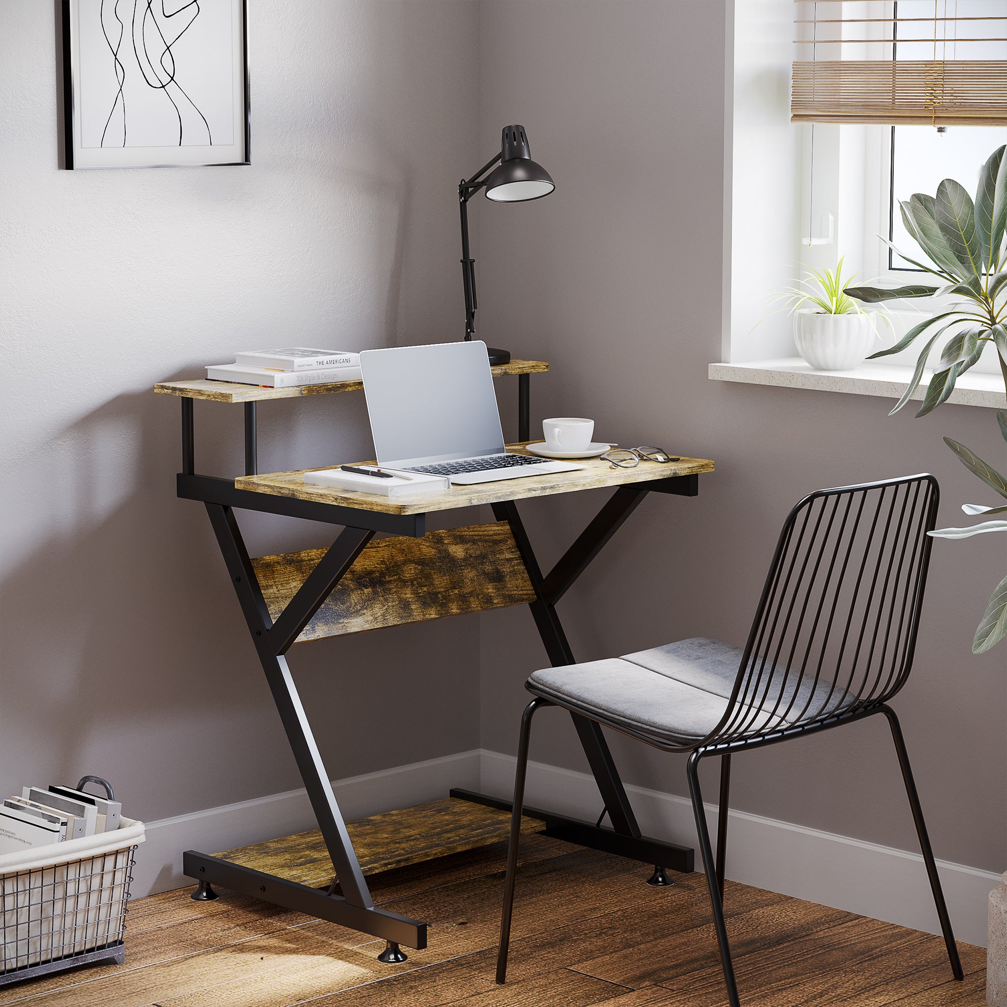 HOMCOM Industrial Computer Desk with Monitor Stand, 70 x 60cm Compact Desk for Small Spaces, Home Office Desk, Rustic Brown - North Peak Garden Furniture