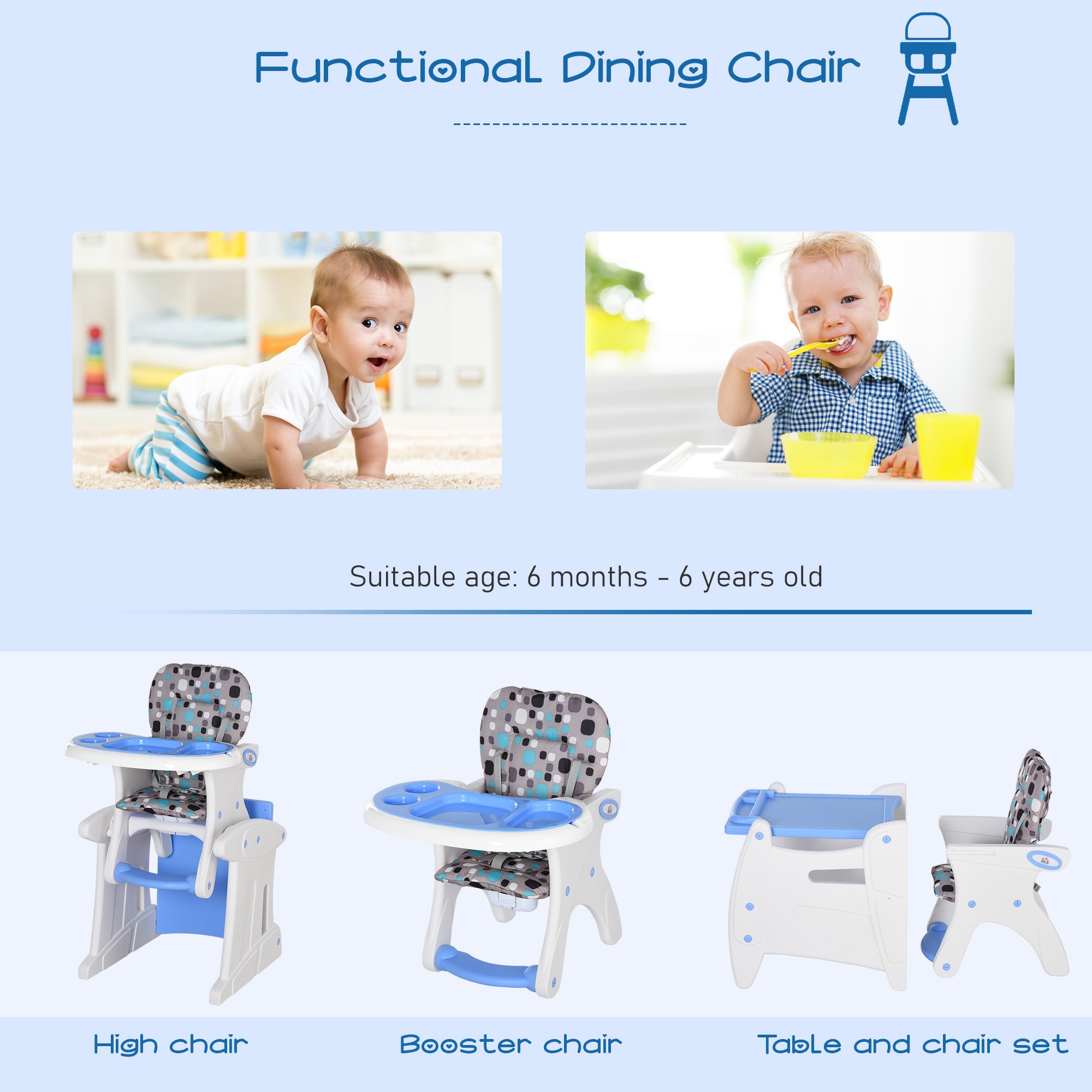 HOMCOM 2 in 1 Convertible Baby High Chair Toddler Table Chair Infant Feeding Seat Removable Food Tray Safety Harness Blue - North Peak Garden Furniture