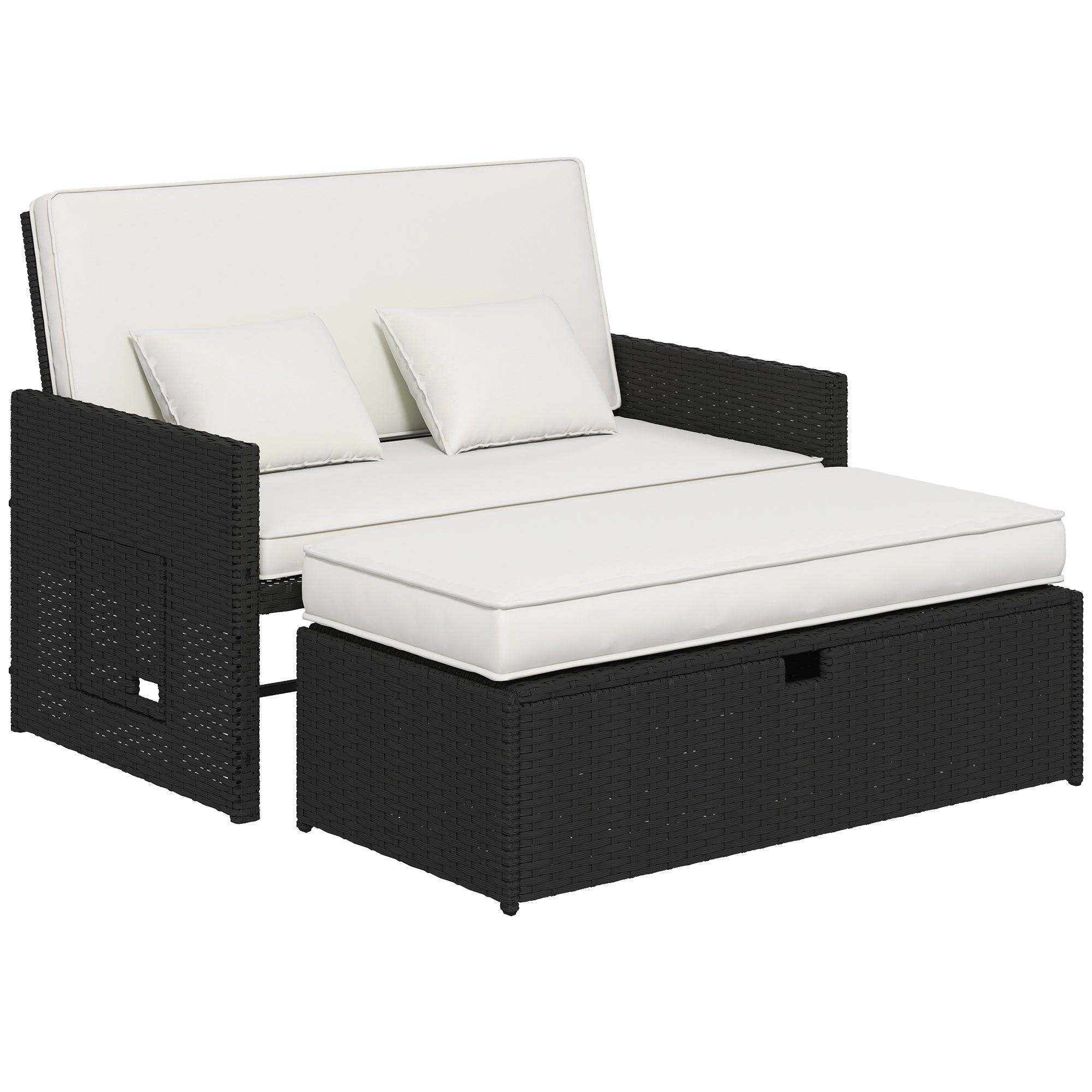 Outsunny Rattan Garden Daybed, Assembled Double Sun Lounger with 5-Level Adjustable Back, Storage Ottoman, Cream White
