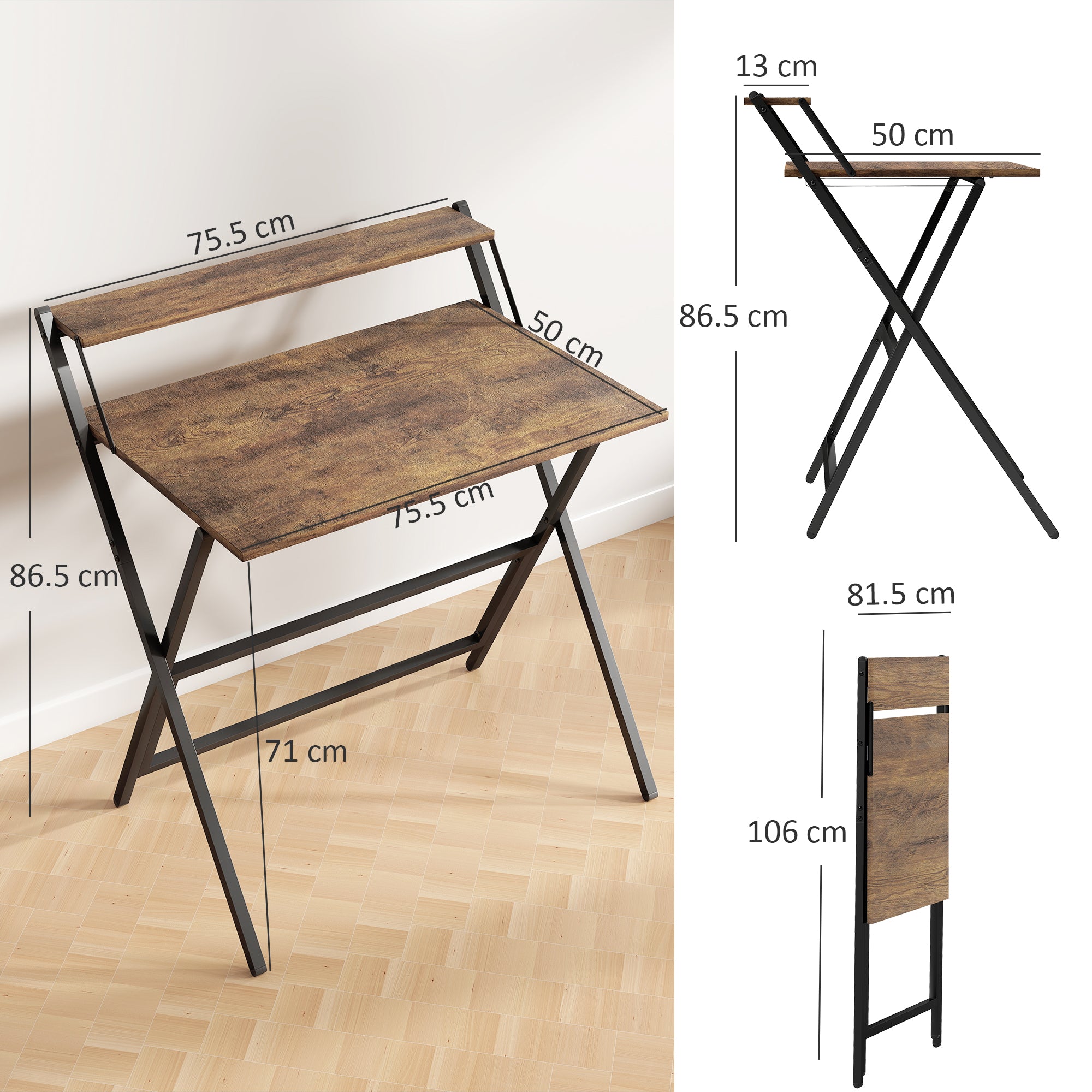 HOMCOM 81.5 cm Folding Computer Desk with Monitor Shelf - Rustic Brown - North Peak Garden Furniture