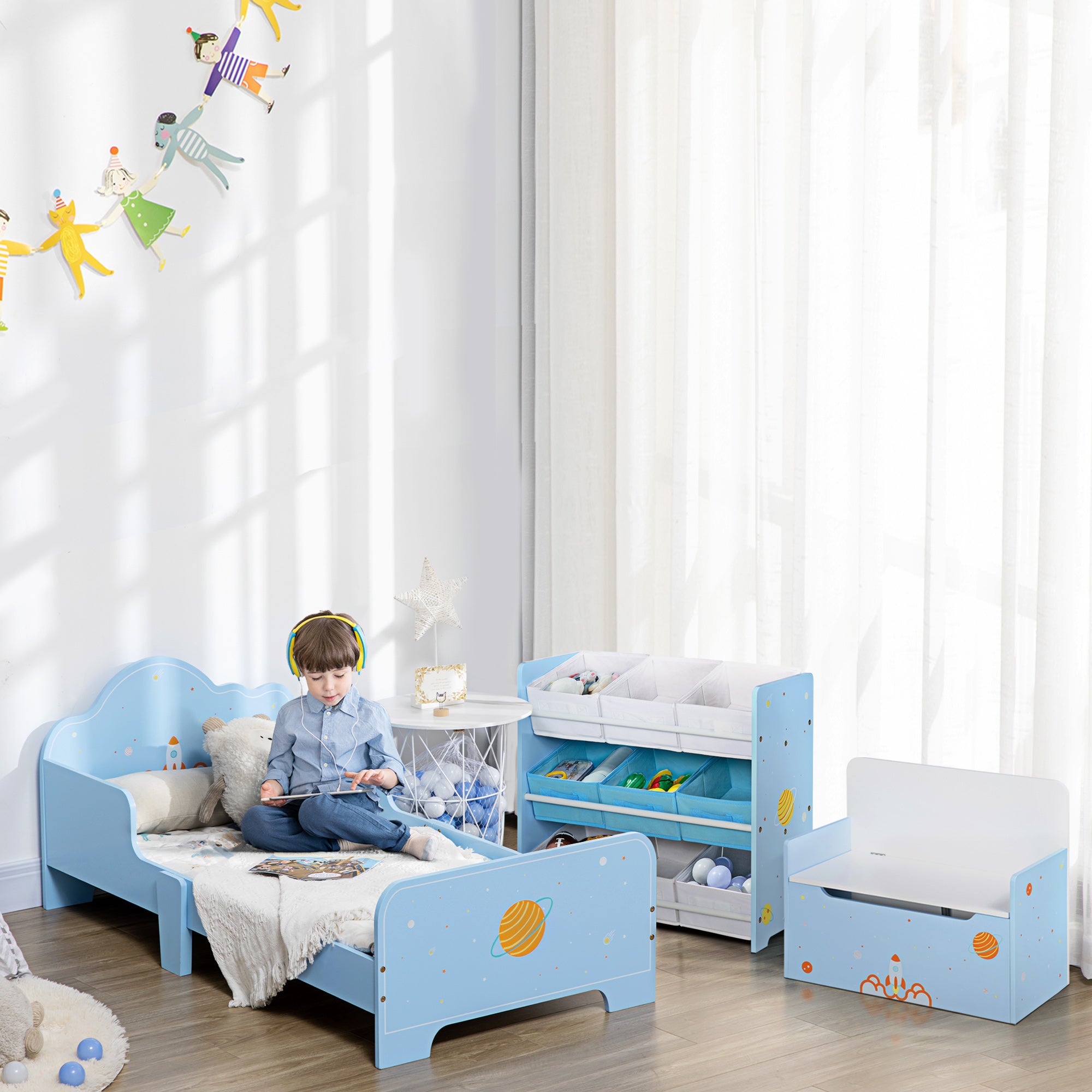ZONEKIZ Space Themed Toddler Bed, Kids Bedroom Furniture, with Safety Rails - Blue - North Peak Garden Furniture