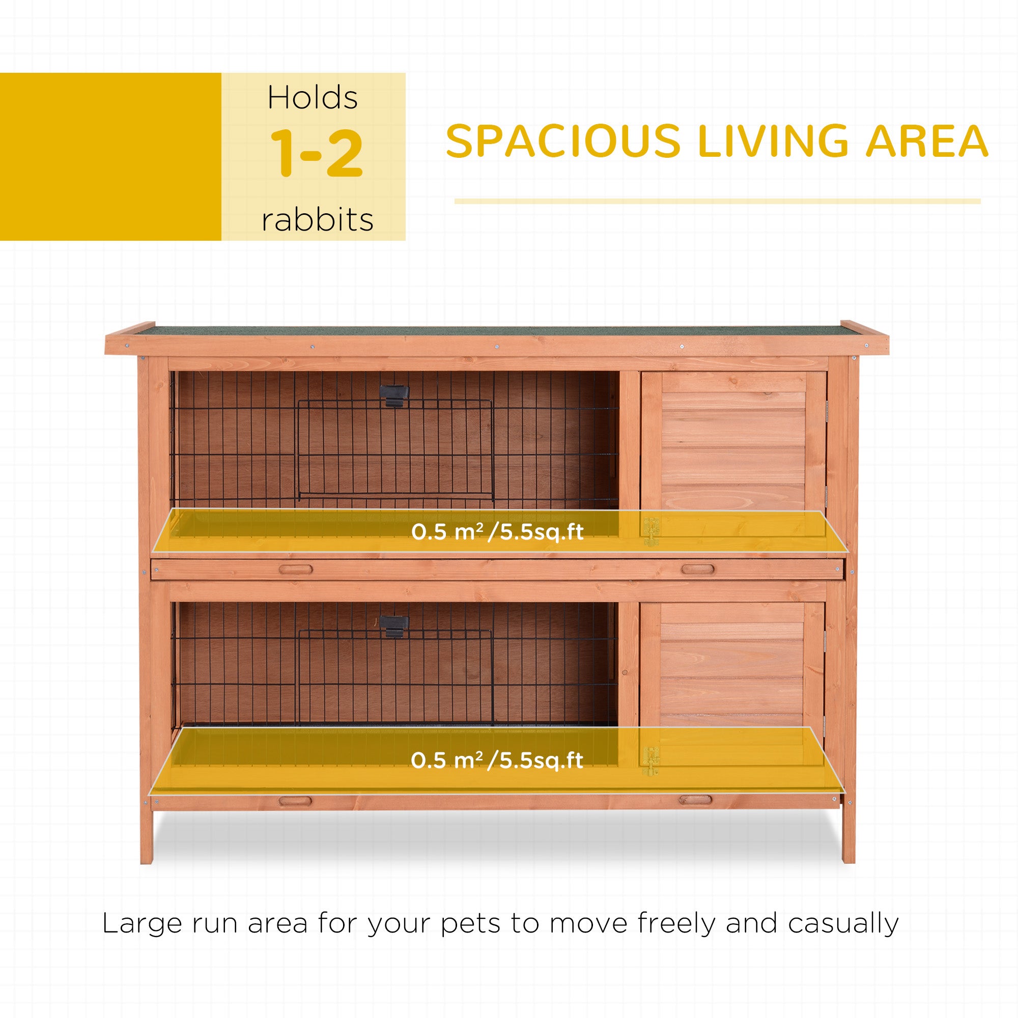 PawHut Rabbit Hutch Outdoor Guinea Pig Hutch Bunny Cage with No-Leak Trays, Divider, 136 x 50 x 93cm, Orange