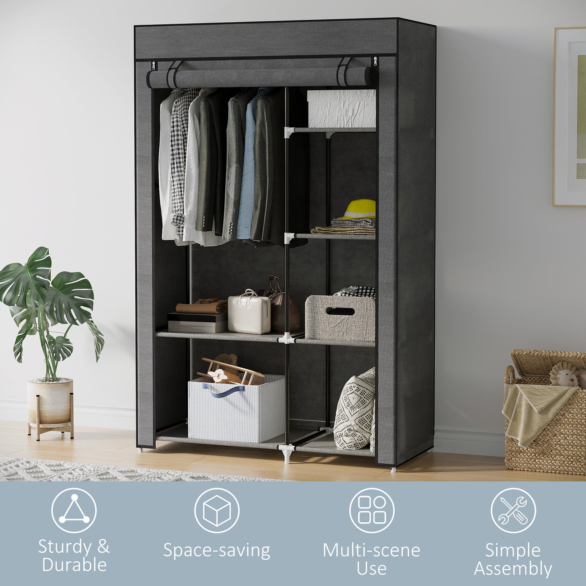 HOMCOM Rail and Six Shelf Fabric Wardrobe - Dark Grey - North Peak Garden Furniture