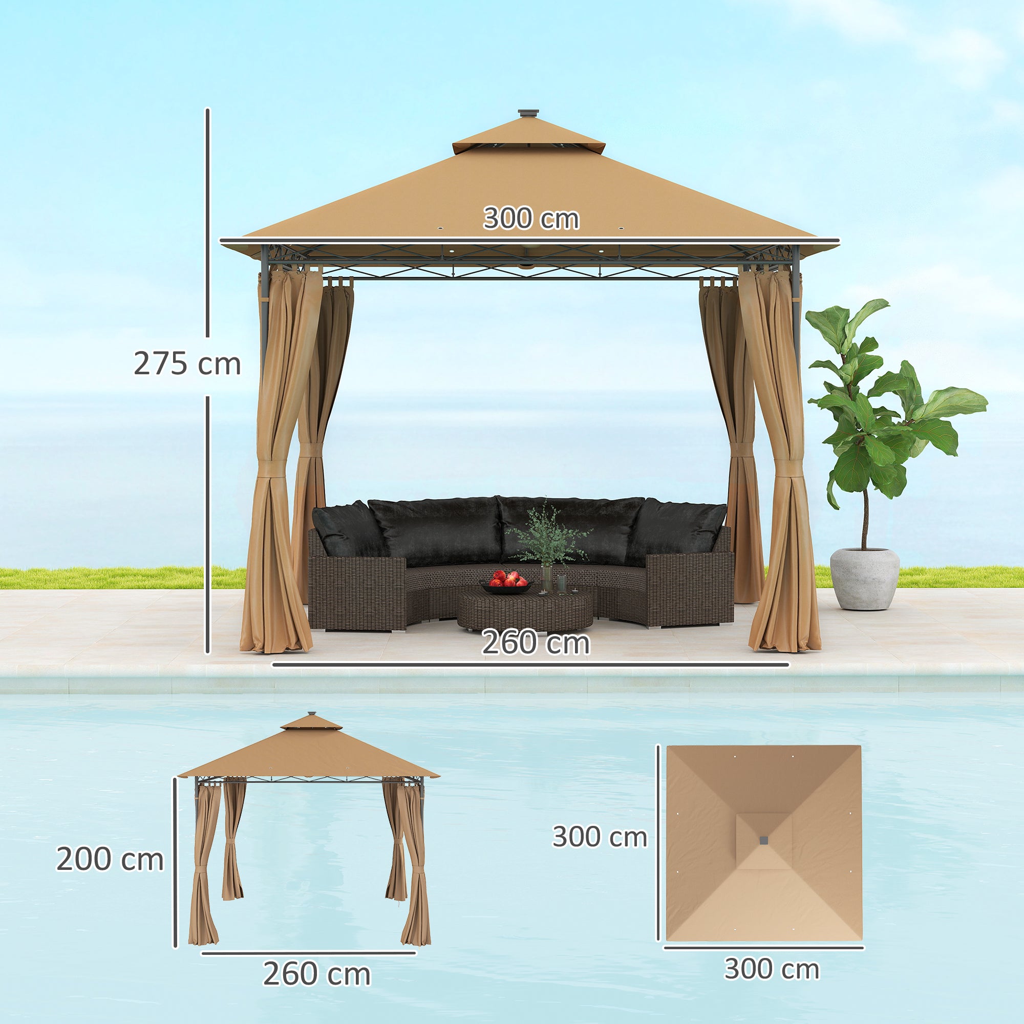 Outsunny 3 x 3 m Solar LED Metal Gazebo - Brown - North Peak Garden Furniture
