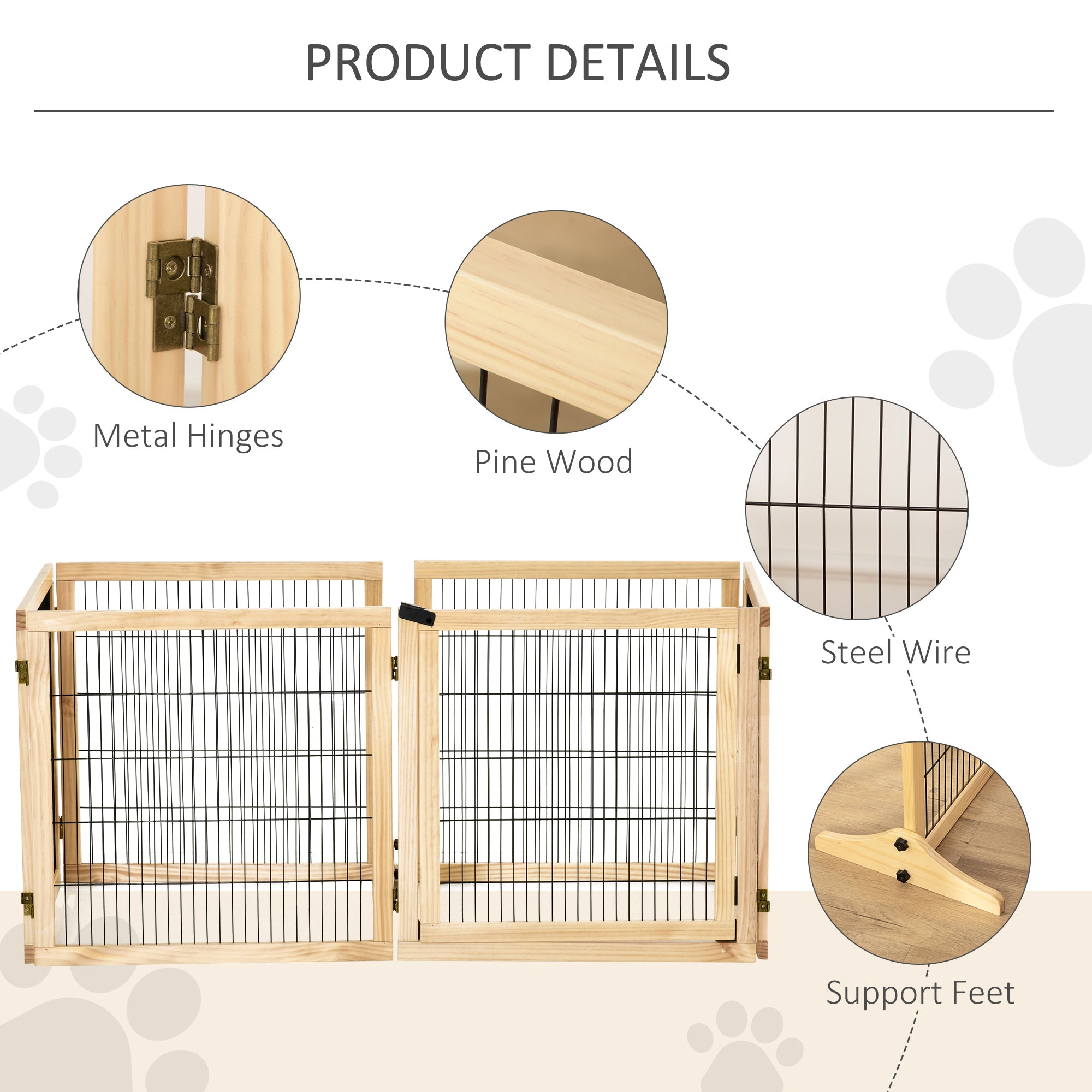 PawHut Wooden Pet Gate, Freestanding Dog Safety Barrier with Two Support Feet - Natural Tone - North Peak Garden Furniture
