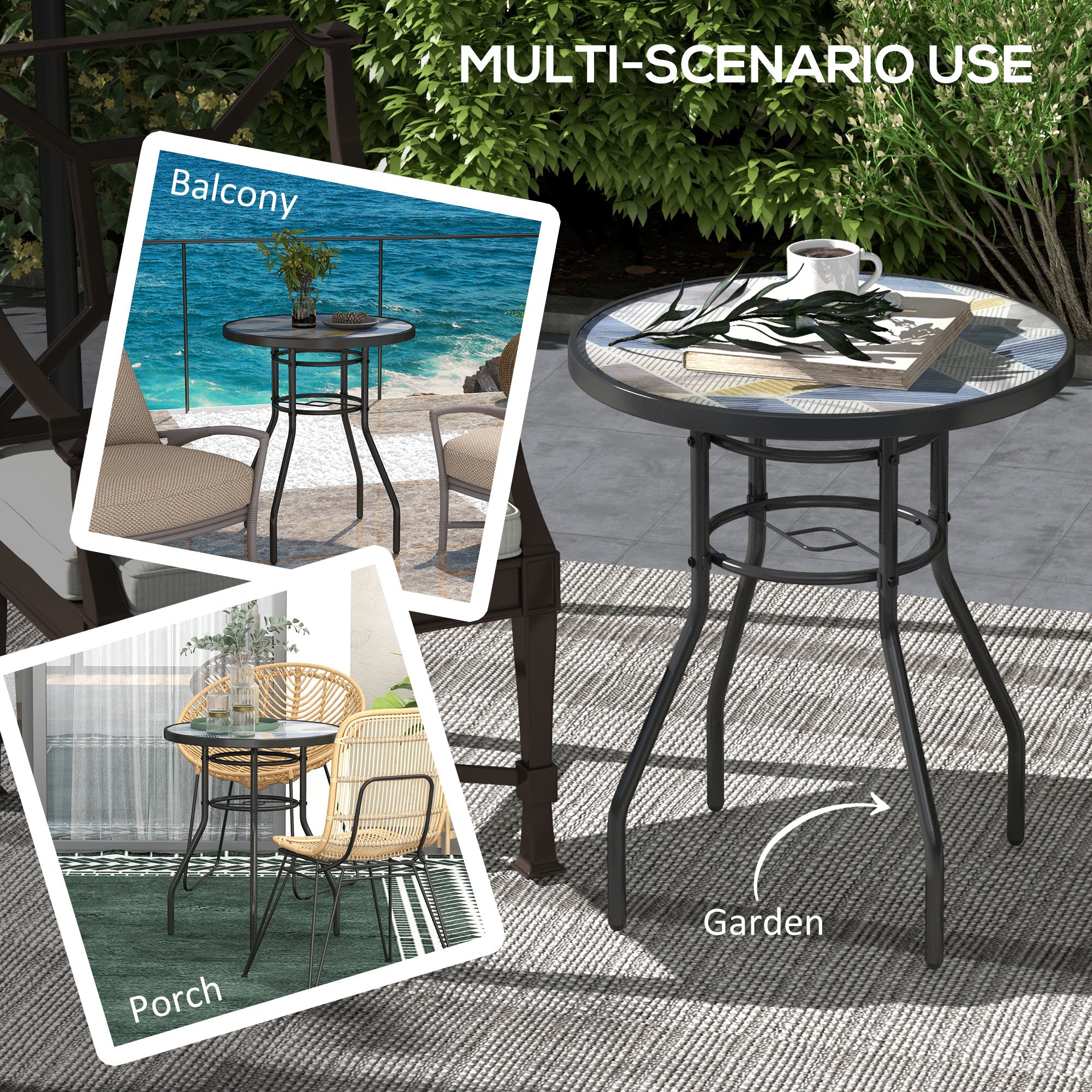 Outsunny Φ60 Garden Table, with Glass Printed Tabletop - Multicolour - North Peak Garden Furniture