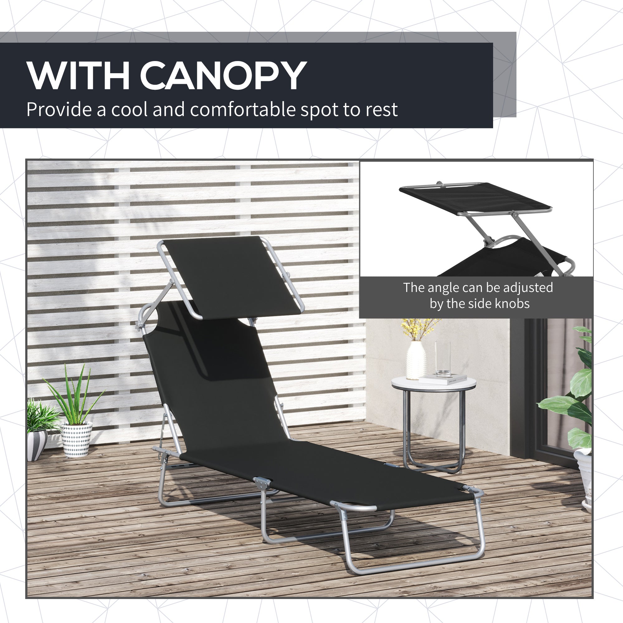 Outsunny Outdoor Foldable Sun Lounger, 4 Level Adjustable Backrest Reclining Sun Lounger Chair with Angle Adjust Sun Shade Awning for Beach, Garden, Patio, Black