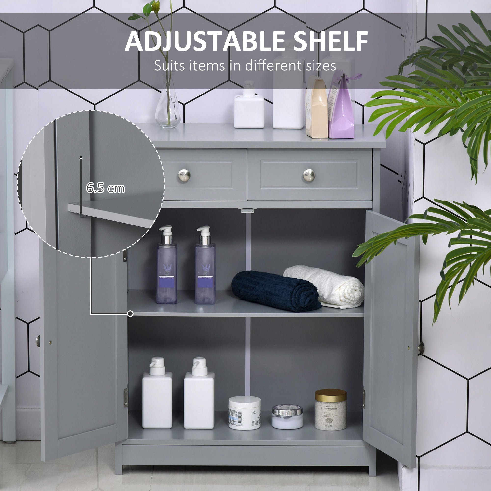 kleankin 75x60cm Freestanding Bathroom Storage Cabinet Unit w/ 2 Drawers Cupboard Adjustable Shelf Metal Handles Traditional Style Grey