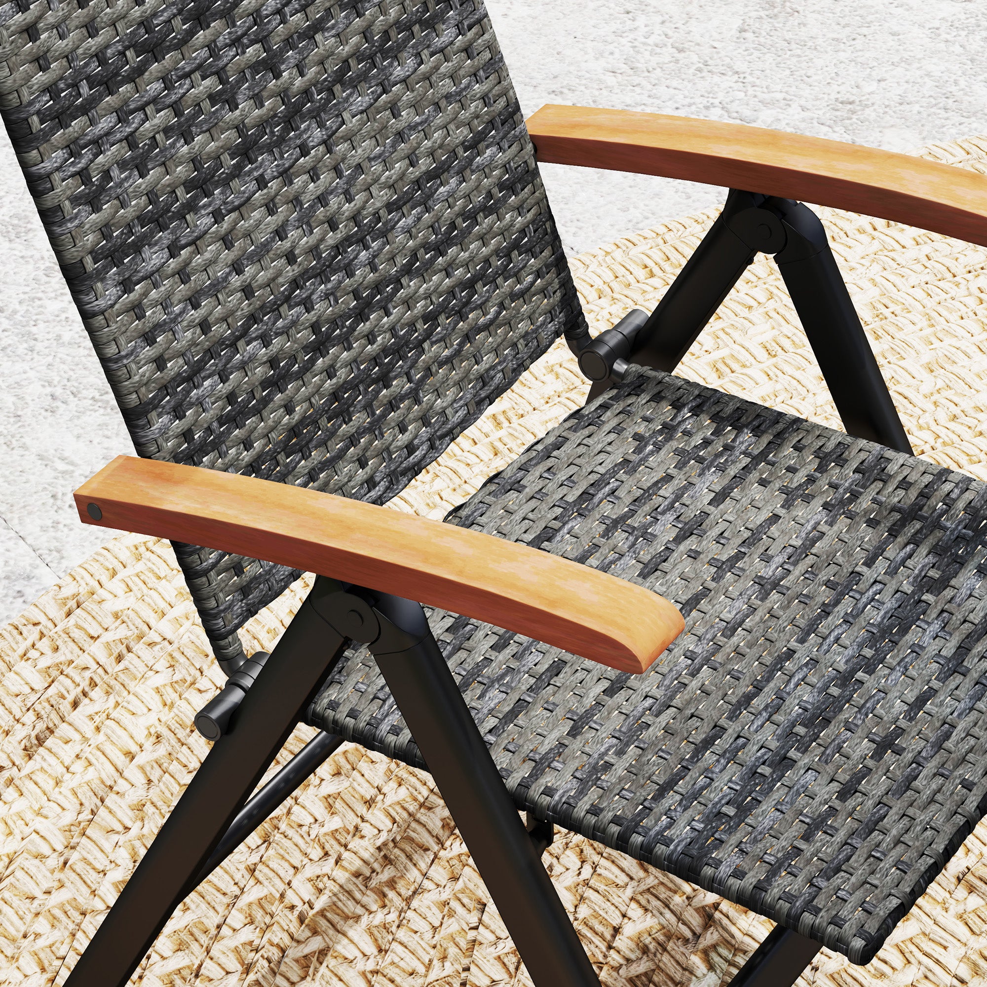 Outsunny Outdoor Folding Rattan Chair with Armrests, High Backrest, for Garden, Camping, Balcony, Porch - Mixed-grey - North Peak Garden Furniture
