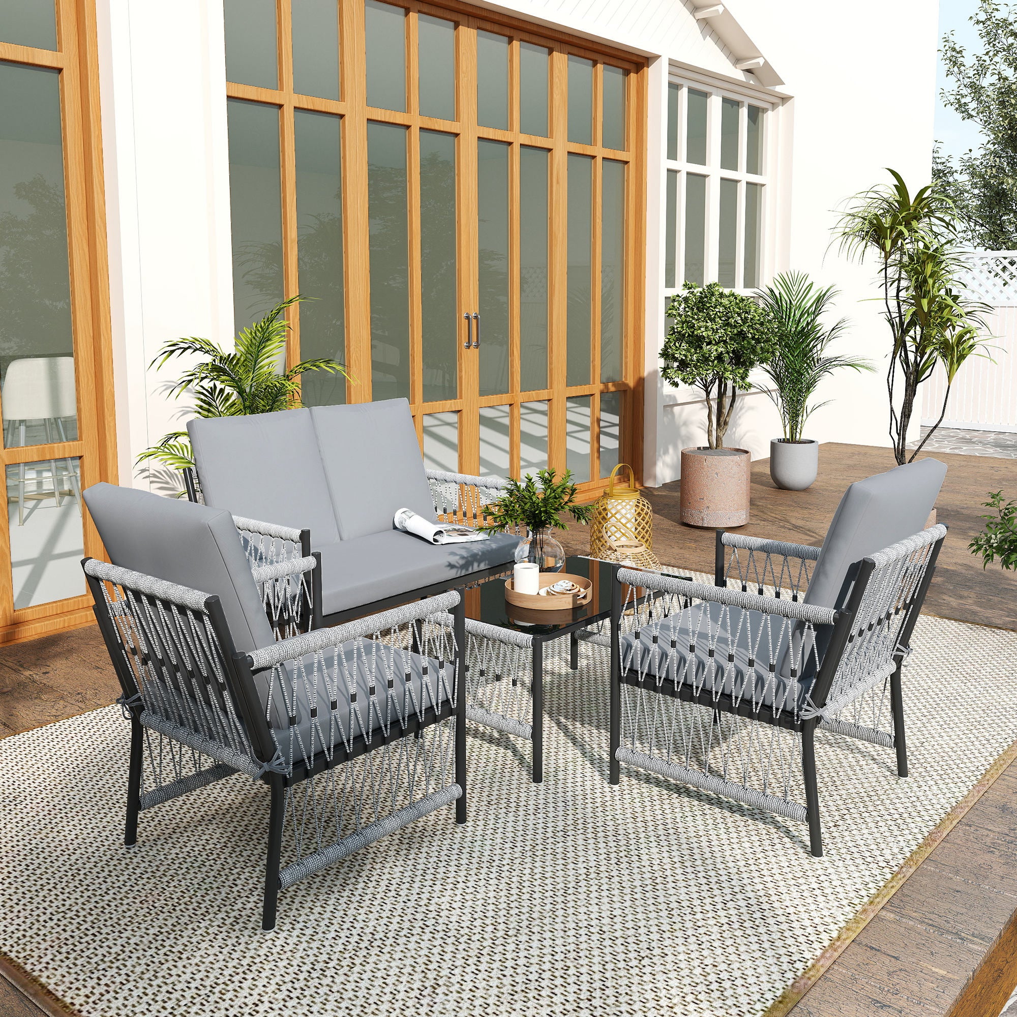 Outsunny 4 Piece Rattan Garden Furniture Set, 4 Seater Wicker Patio Conversation Set with 2 Armchairs, Loveseat, Glass Top Coffee Table and Cushions for Outdoor, Balcony, Grey - North Peak Garden Furniture
