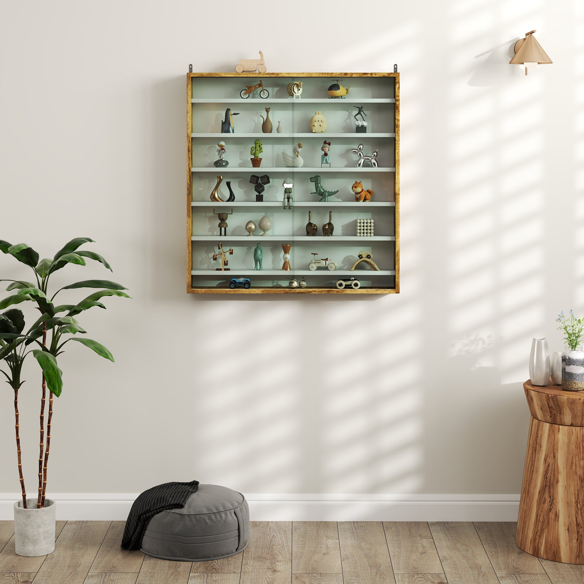 HOMCOM 7-Tier Wall Display Shelf Unit Cabinet w/ 6 Adjustable Shelves Glass Doors Home Office Ornaments 83x80cm, Rustic Brown - North Peak Garden Furniture