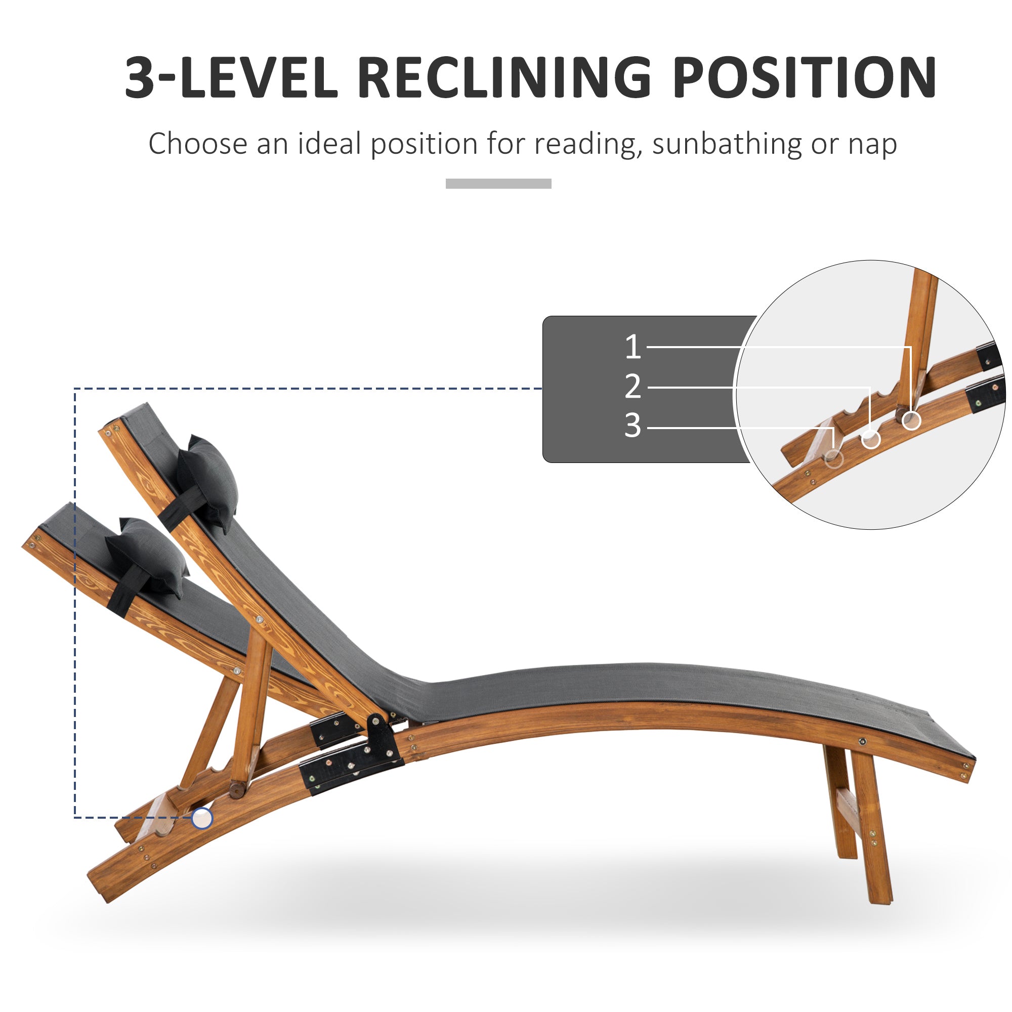 Outsunny Ergonomic Patio Lounge Chair Wooden Outdoor Chaise w/ 3 Adjustable Back and Removable Headrest Pillow for Garden Black - North Peak Garden Furniture