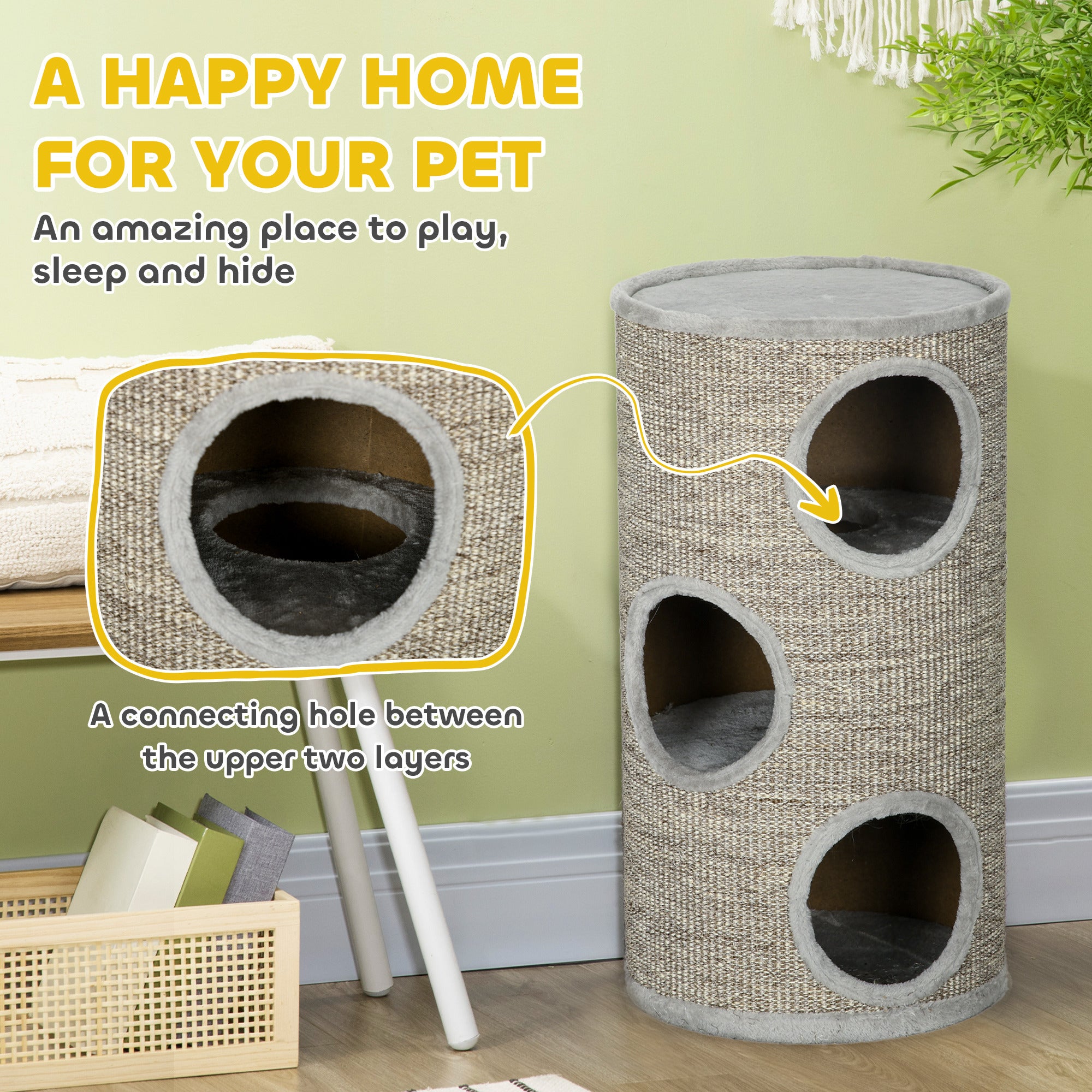 PawHut Cat Climbing Frame, Covered with Sisal, Cosy Platform - Light Grey - North Peak Garden Furniture