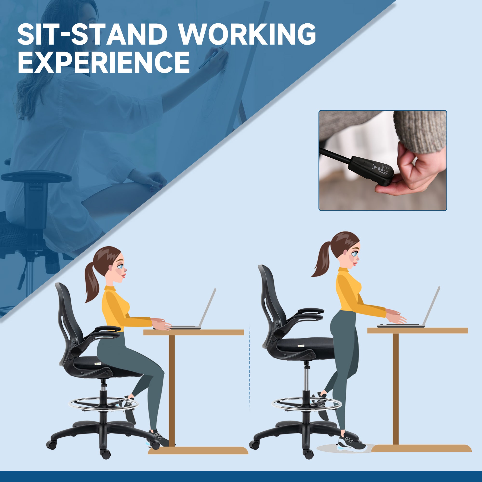 Vinsetto Adjustable Mesh Standing Desk Chair with Flip-up Armrests Lumbar Support Armrests Adjustable Footrest Ring Black - North Peak Garden Furniture