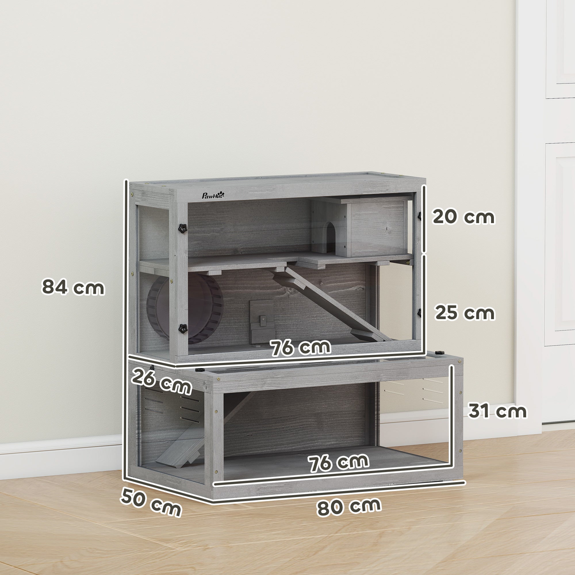 PawHut Wooden Hamster Cage with Hut, Wheel, Ramps, Removable Viewing Panels, 80 x 50 x 84 cm, Grey