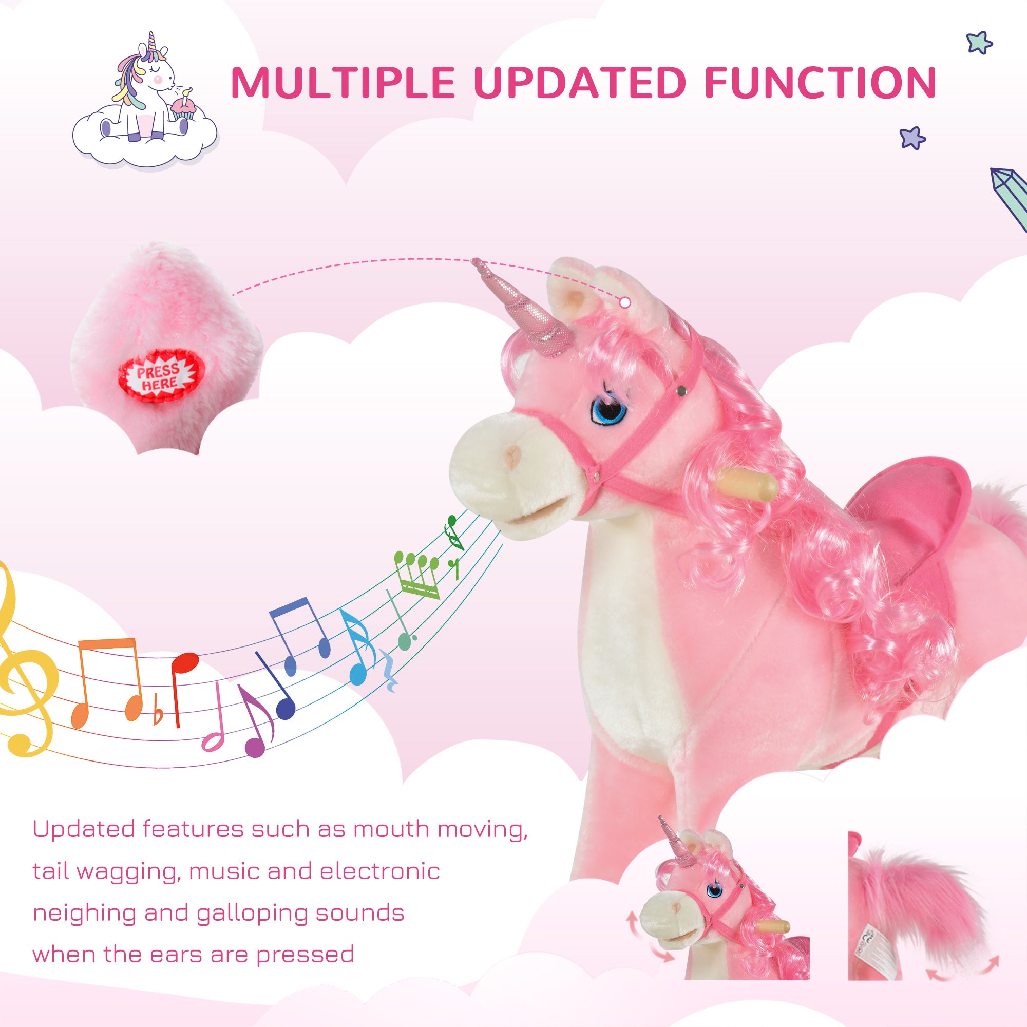 HOMCOM Kids Plush Rocking Horse Ride On Unicorn w/ Sound Moving Mouth Wagging Tail Children Rocker Toy Gift 3-6 Years Pink