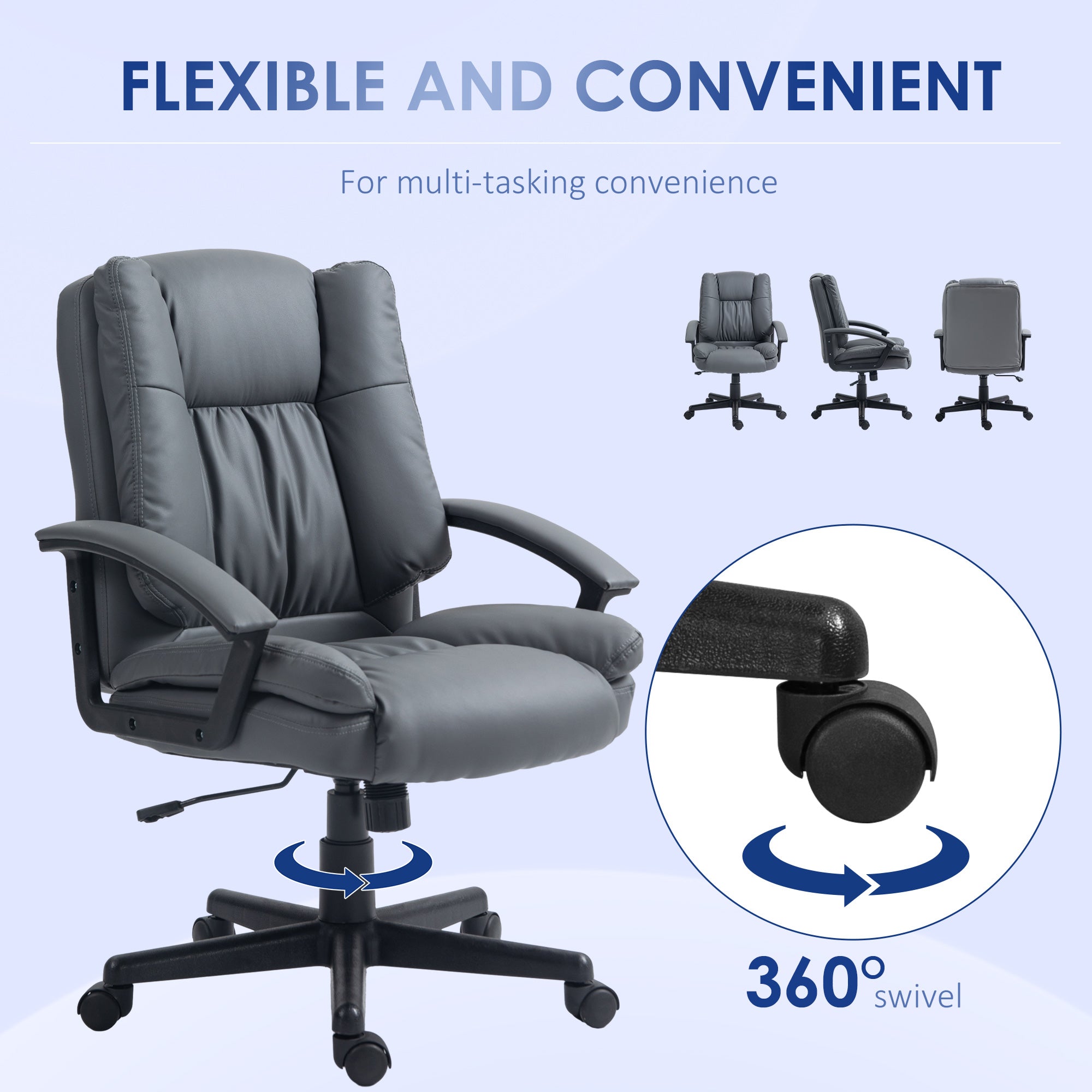 HOMCOM Office Chair, Faux Leather Computer Desk Chair, Mid Back Executive Chair with Adjustable Height and Swivel Rolling Wheels for Home Study, Dark Grey