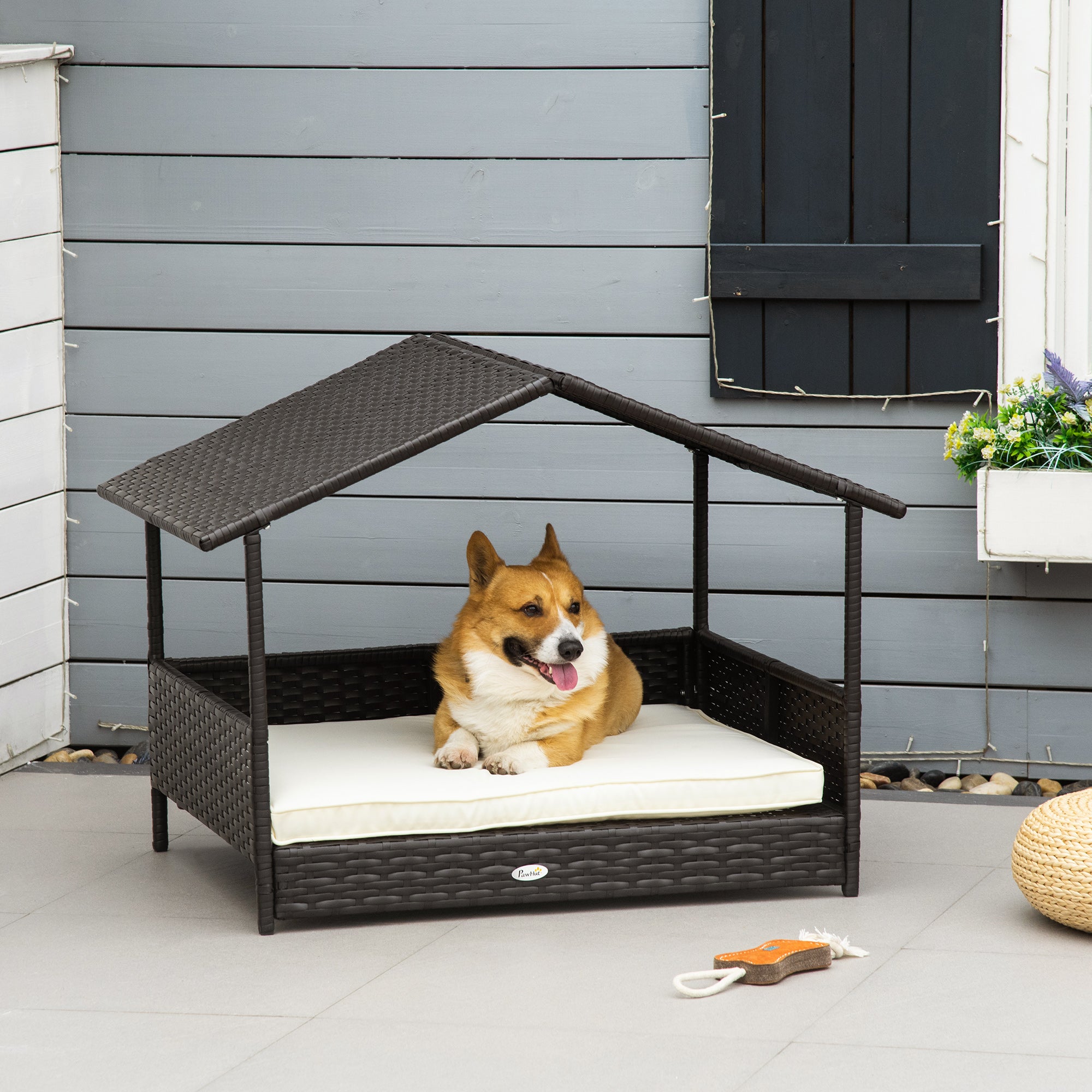 PawHut Wicker Dog House, Rattan Pet Bed, with Removable Cushion, Canopy, for Small and Medium Dogs - Cream - North Peak Garden Furniture