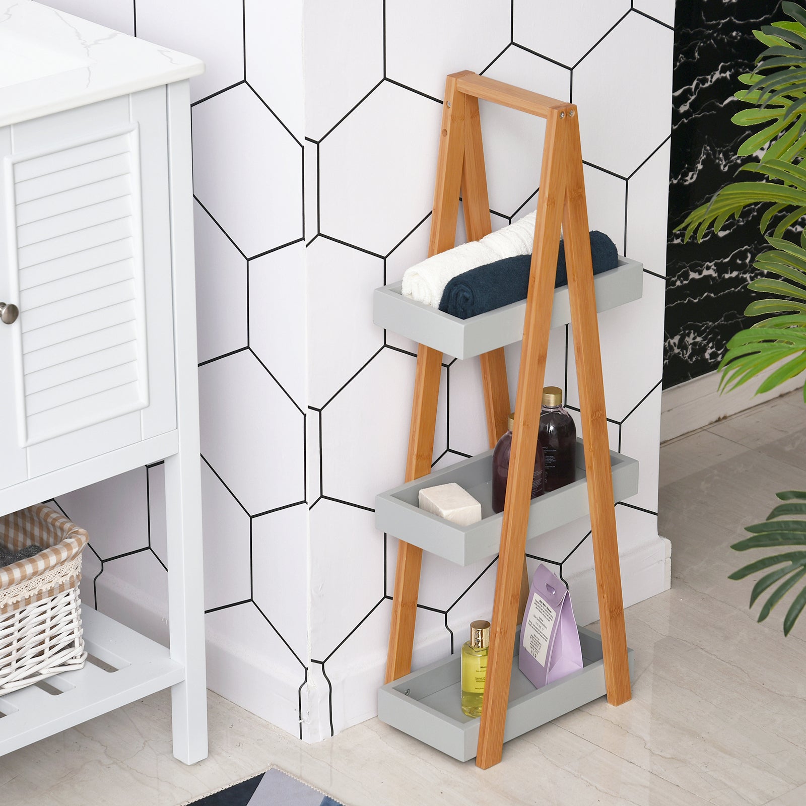 kleankin Bathroom Storage Shelves, 3-Tier Slim Shelving Unit, Freestanding Bamboo Shelf Unit, A Frame Space Saver Toilet Rack, Natural