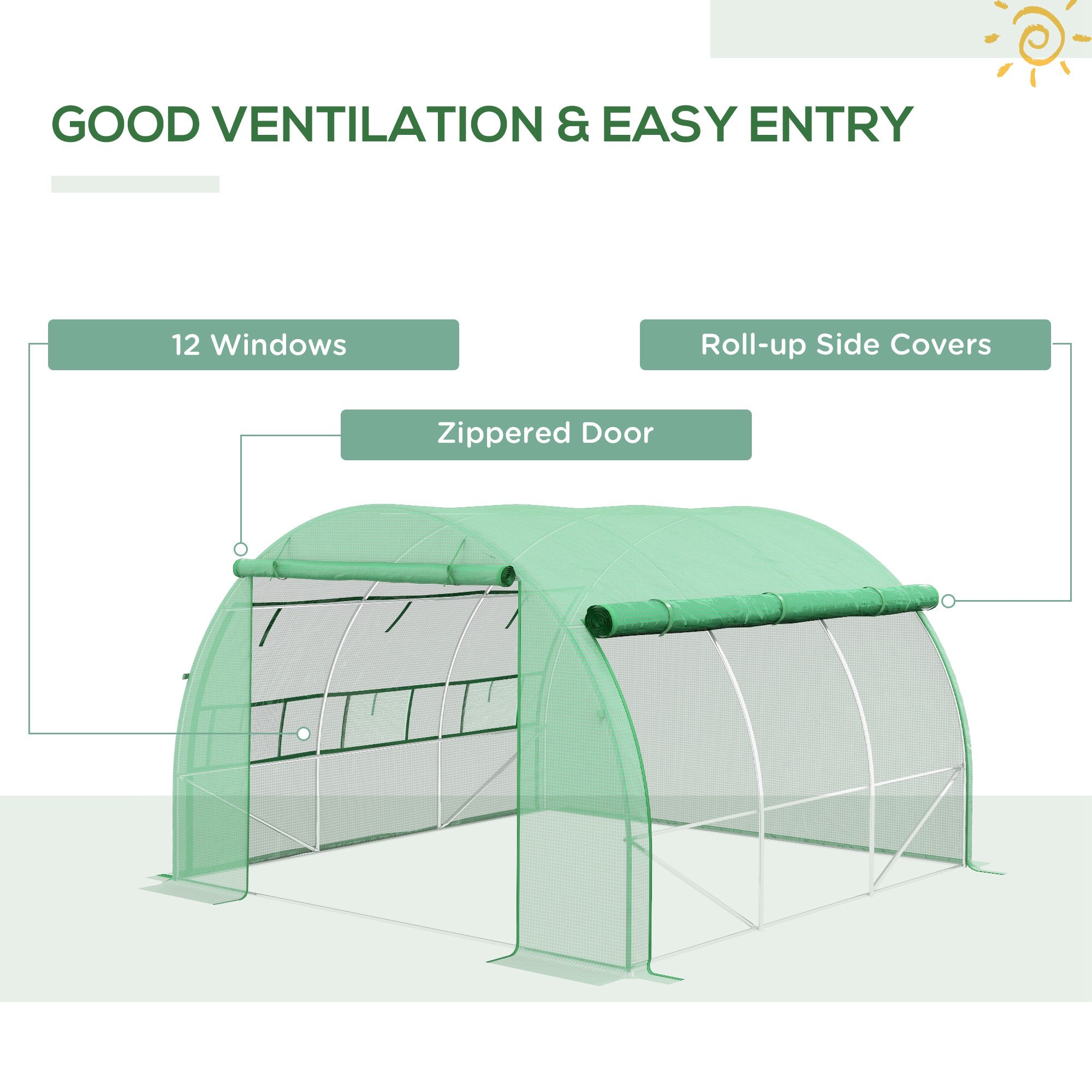 Outsunny Polytunnel Greenhouse Walk-in Grow House Tent with Roll-up Sidewalls, Zipped Door and 6 Windows, 3x3x2m Green