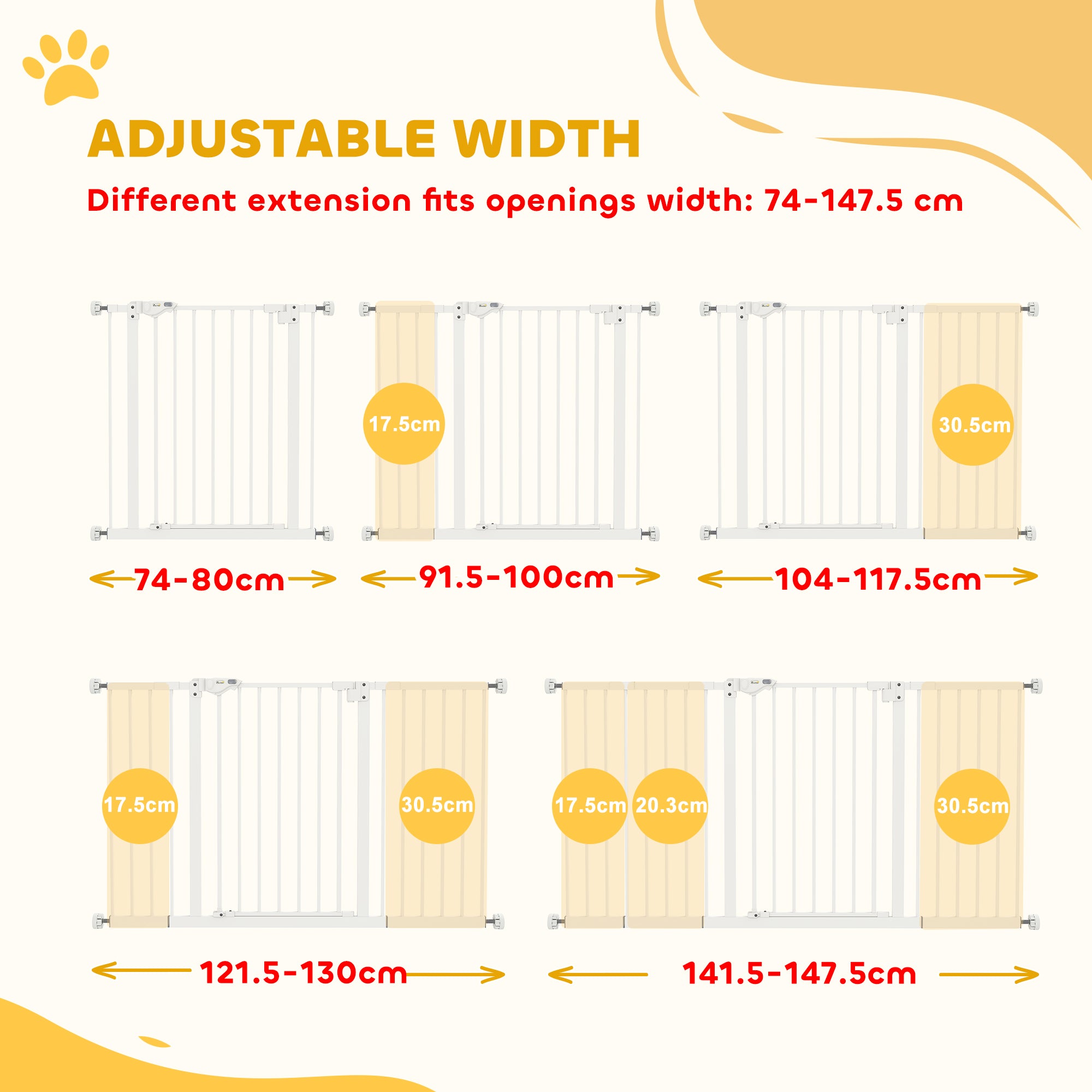 PawHut Dog Gate Stair Gate Pressure Fit Pets Barrier Auto Close for Doorway Hallway, 74-148cm Wide Adjustable, White - North Peak Garden Furniture