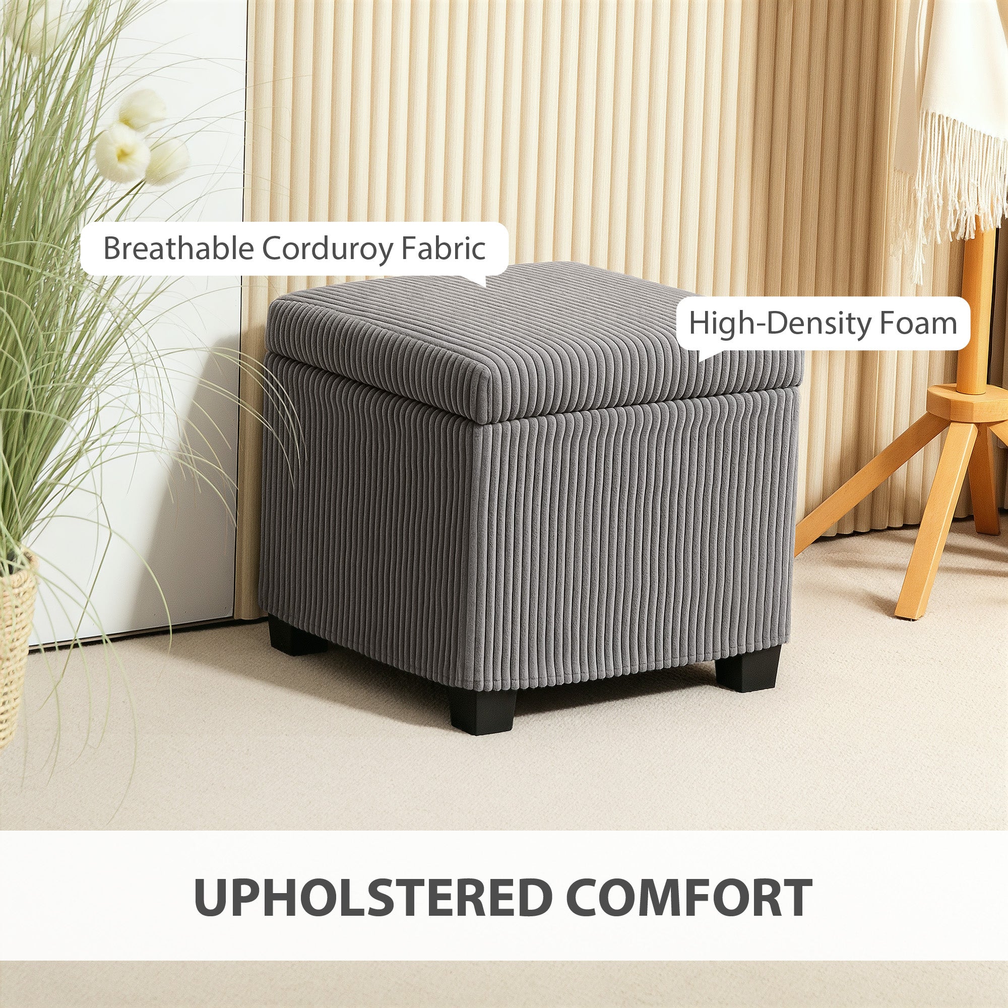 HOMCOM Storage Ottoman Bench, Corduroy Footstool with Removable Lid and Legs, 40cm Storage Chest Box for Living Room, Bedroom, Hallway, Grey - North Peak Garden Furniture
