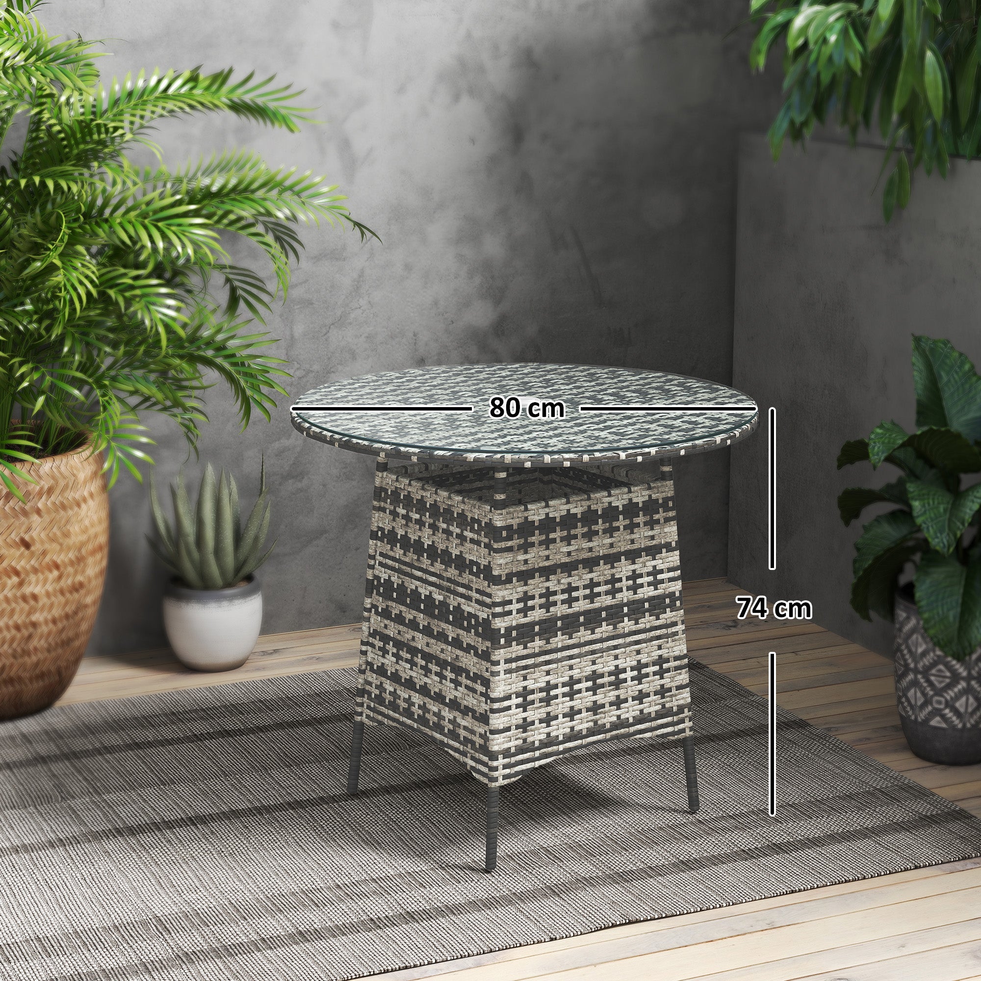Outsunny Wicker Garden Rattan Table, Patio Furniture Outdoor Coffee Table with Umbrella Hole and Tempered Glass Top, Grey - North Peak Garden Furniture