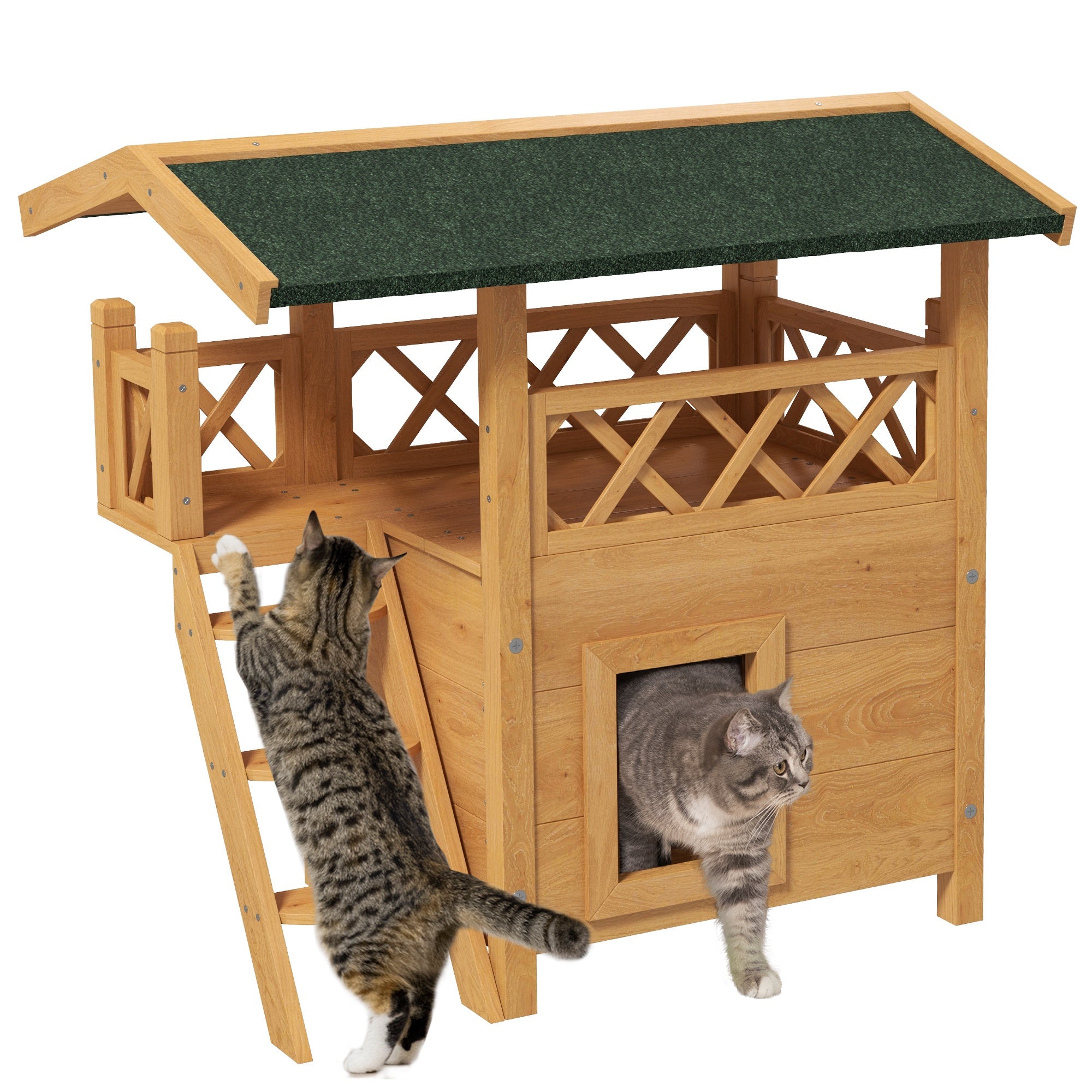 PawHut Cat House Outdoor w/ Balcony Stairs Roof, 77 x 50 x 73 cm, Natural Wood Finish - North Peak Garden Furniture