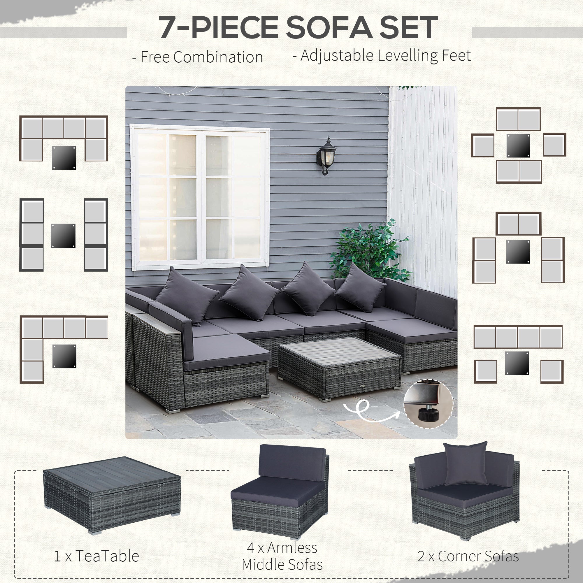 Outsunny 7 Pieces Patio Wicker Sofa Set, Outdoor PE Rattan Sectional Furniture Set w/ Acacia Table Top & Cushion for Garden, Backyard, Grey