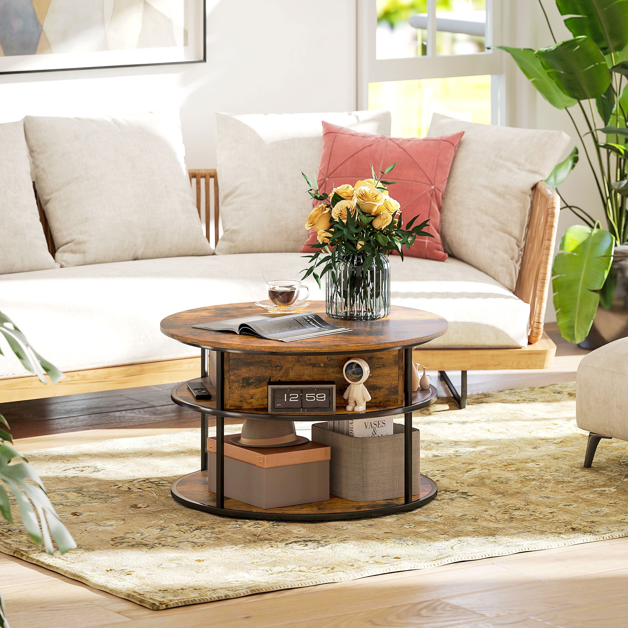 HOMCOM Lift Top Coffee Table, Round Coffee Table with Storage Shelf, Hidden Compartment and Steel Frame for Living Room, Home Office, Brown - North Peak Garden Furniture