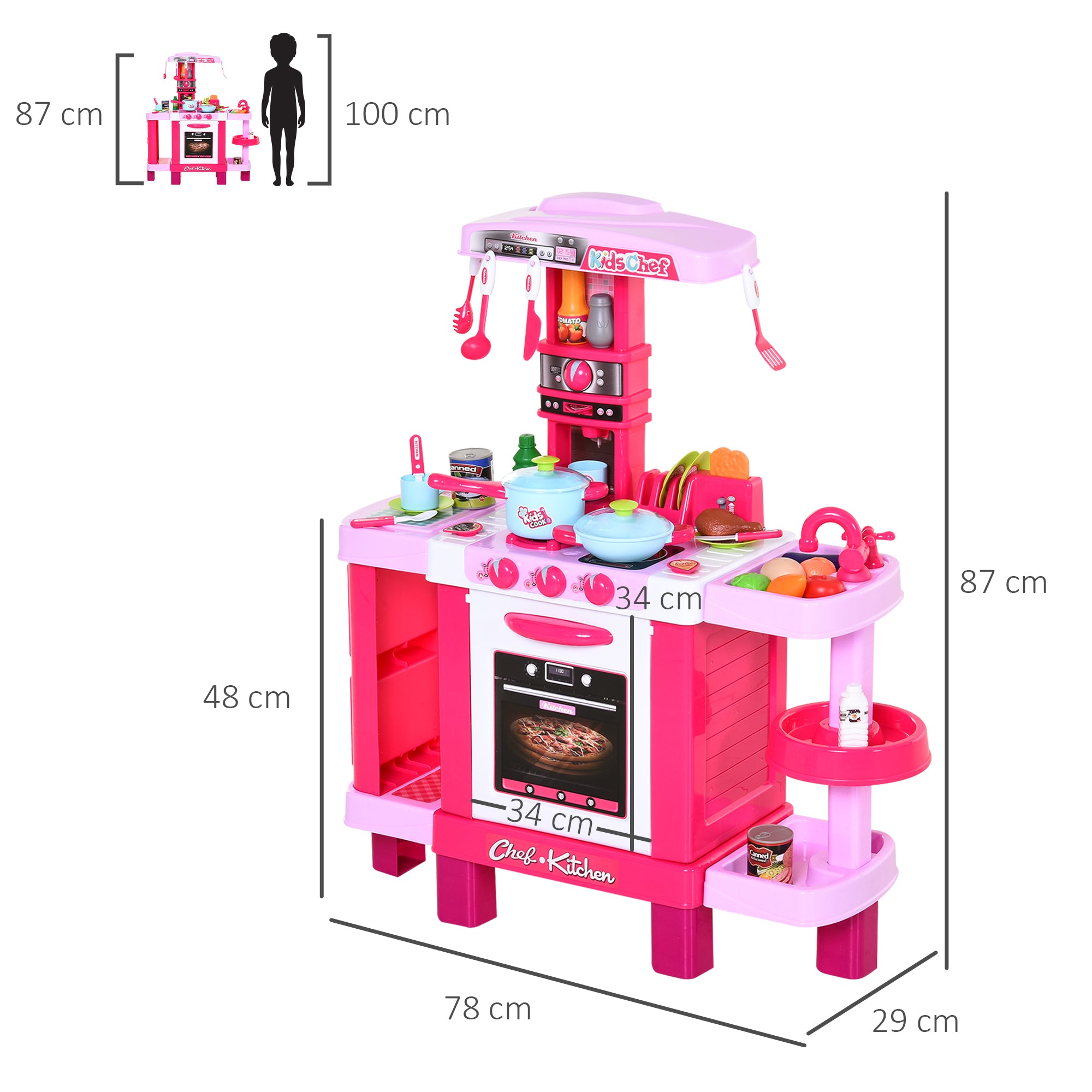 HOMCOM 38 Pcs Kids Children Kitchen Play Set w/ Realistic Sounds Lights Food Utensils Pots Pans Appliances Toy Game Pink - North Peak Garden Furniture