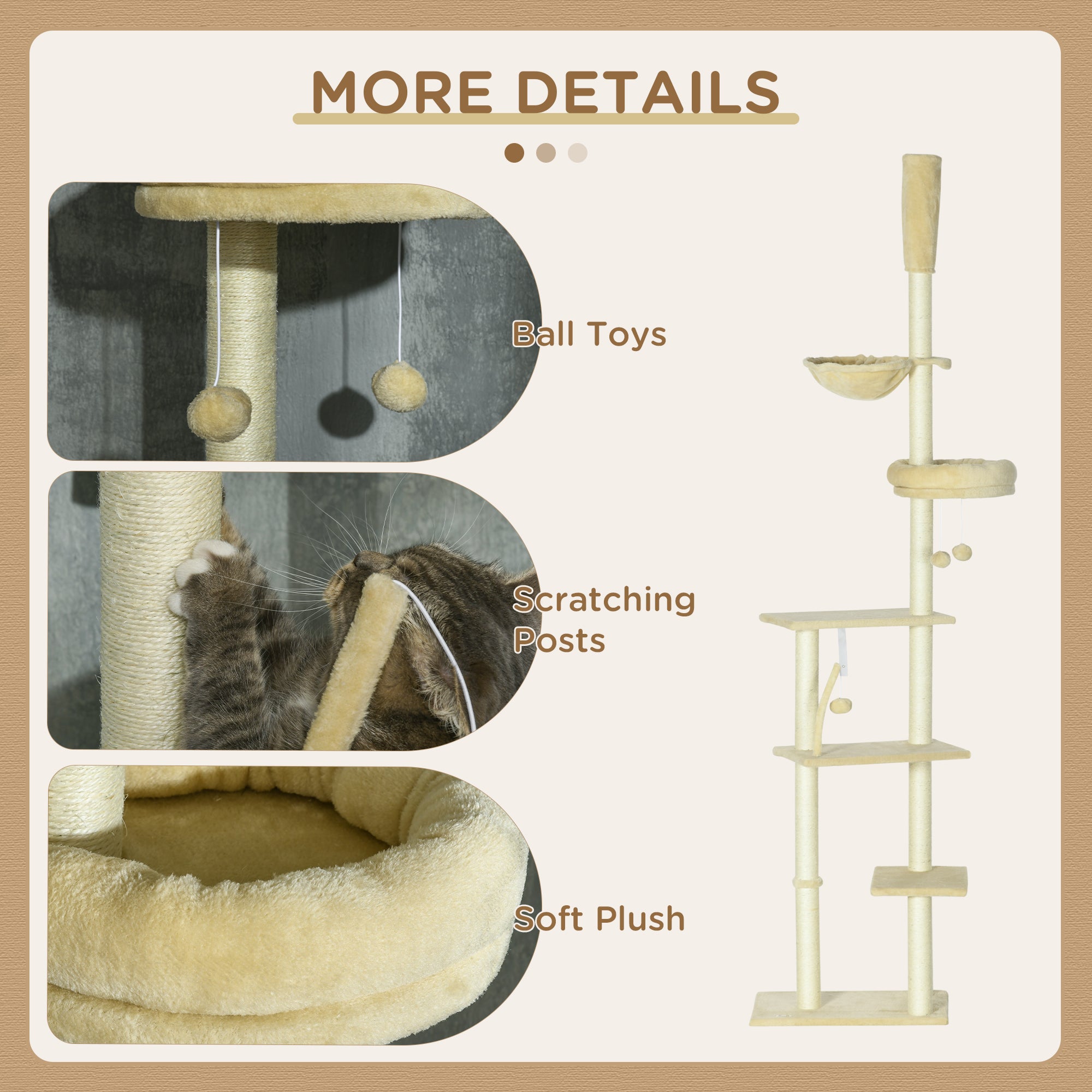PawHut Floor to Ceiling Cat Tree for Indoor Cats, 6-Tier Play Tower Climbing Activity Center with Scratching Post, Platforms, Bed, Hammock, Adjustable Height 230-250cm, Beige